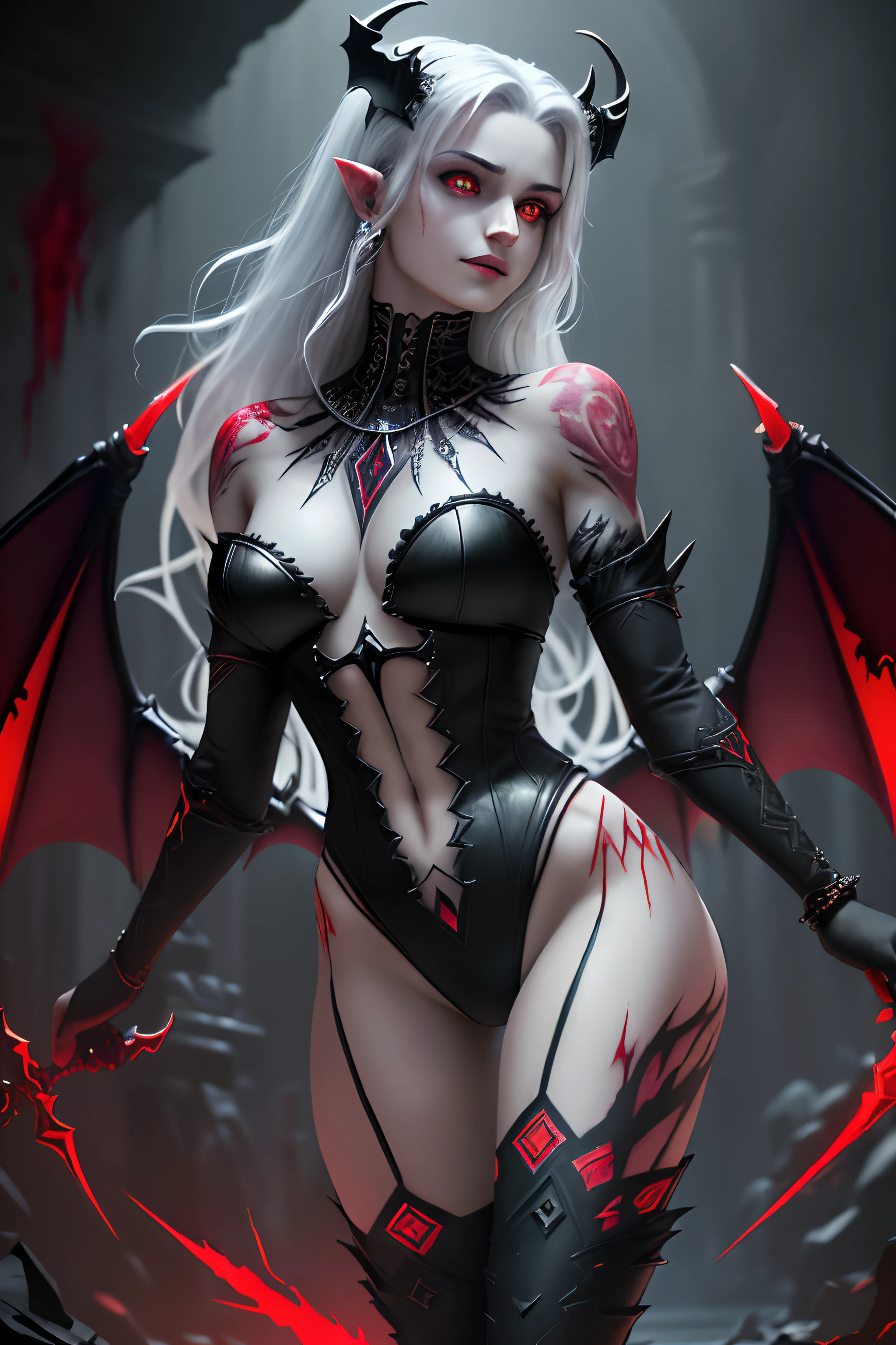 (Aschoenhardt Style:1.4), Masterpiece, Best Quality, High Quality,(Dark shapeless creature with dark red glow and red eyes and surrounded by darkness:1.2), (in profile), (Darkness:1.2), Abstraction, Deep Sea, Award-winning photography, Depth of field, HDR, Very detailed, Trending in art stations, Trending in CG society, Complex, High detail,(Masterpiece:1.2, Best Quality), (Best Lighting, Very Delicate and Beautiful), (Best Lighting, Very Delicate and Beautiful), (Beautiful Detailed Face), (Detailed Eyes and Detailed Face:1.2), Dark Fantasy, (Young woman, attractive, strong feminine physique, Little Beast, 1woman, Solo, Crazy Smile, Pale Skin,19 Piercings, ((tattoos all over body, Tribal tattoos all over legs)) gray hair, glowing red eyes, dynamic angle, vampire), (get chains, magic circles, graffiti on the wall, in the background)), get demons to be summoned), magic thunder, pointy_ears, fangs, demon wings, demon horns, blood on face, blood rain, blood mist, (depth of field), high contrast,(blood splash:1.4), cowboy shot, full body, black lace up thigh boots, shout, Sacrifice, Magnificent Stage