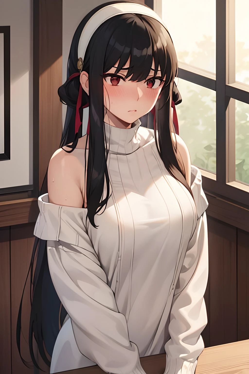 1girll,Long hair,Blunt bangs,Lips,Best quality,,scowling,Sweat,light blush,Medium breasts，Bedrooms，full bodyesbian，white hair ribbon，off-shoulder red sweater，boobgasm，cropped shoulders，鎖骨，brunette color hair