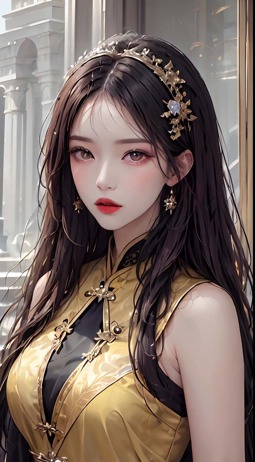 1 27-year-old girl, 1 zodiac goddess from the future, goddess of the pink and purple 12 zodiacs, the goddess of the zodiac in a yellow ao dai, a 12 zodiac ao dai with many black lace detail, mythology Goddess of the 12 zodiacs from the future, zodiac ♏, luxurious glittering zodiac style, dark and mysterious version, zodiac crown, lipstick lips red, thin and beautiful lips, mouth closed, characters made by karol bak and pino daeni, intricate detail, detailed background, extremely detailed, light magic, a woman, clear face, hair long with bangs, beautiful face in detail and well-proportioned eyes, (transparent yellow eyes: 1.8), big round eyes and very beautiful and detailed makeup, foresight, silk dress, mysterious makeup , double bangs and dyed light blonde , upper half portrait, zodiac goddess portrait, arms hanging loosely, Realistic and vivid photo, (stars make up the zodiac: 1.7), (sky background zodiac and fictitious space and time portal: 1.8), fiction art, RAW photo, hanfu picture, best photo, best photo quality, 8k quality, 8k ultra, super realistic, real photo most economical, the goddess poses sexy and seductive,
