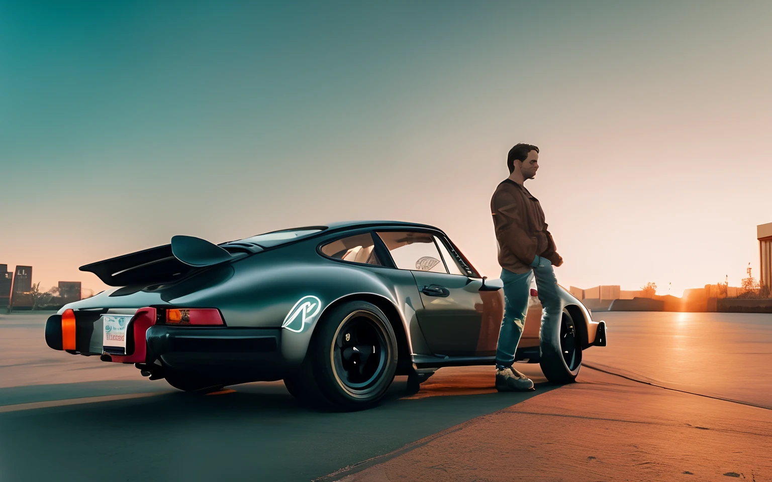 a man standing next to a black porsche 911 parked on a parking lot, automotive photography, car photography, vehicle photography, hq 4k wallpaper, high quality wallpaper, auto photography, shot at golden hour, porsche rsr, 8k octane render photorealistic, desktop background, nostalgic 8k, 9126k film, by Matthias Weischer