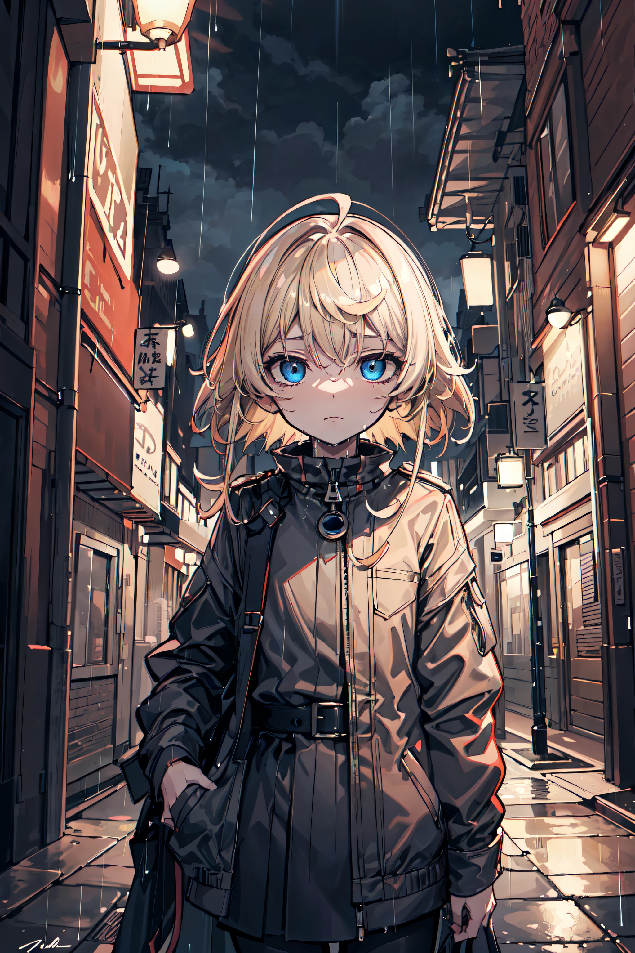 tanya, (masterpiece, best quality:1.2), rain in the night city, melancholic atmosphere, vibrant colours, cinematic lighting, ultra detailed art, add_detail:2