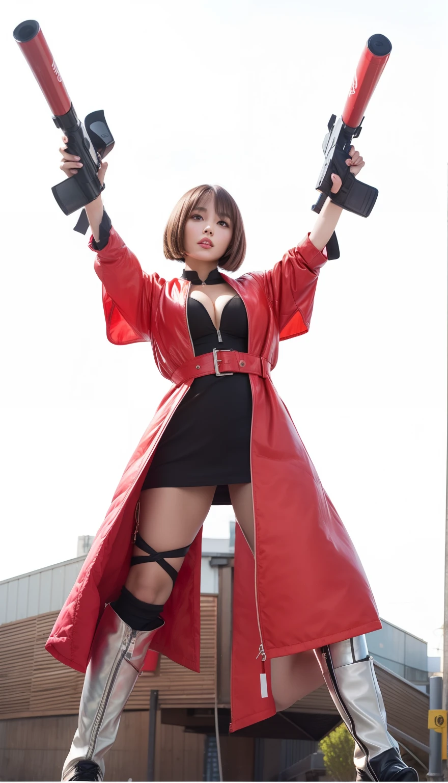 infp young woman、Good Style、Brown hair bob cut、minidress、Bright red jacket、Idol face、large full breasts、long boots、Color spray on both hands