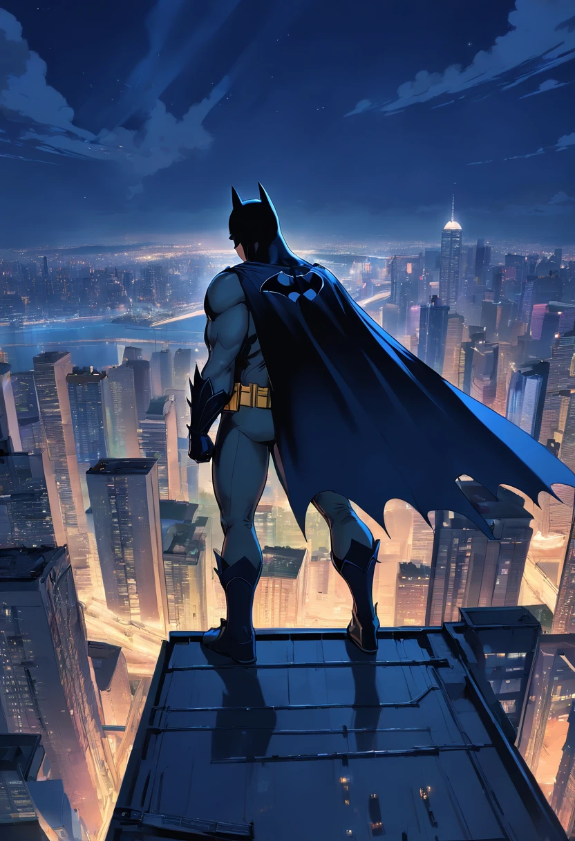 Batman on top of a tall building, observando a cidade de Gotham city, cavaleiro das trevas, ambiente escuro e sombrio, fundo de noite, sign of the bat in the sky