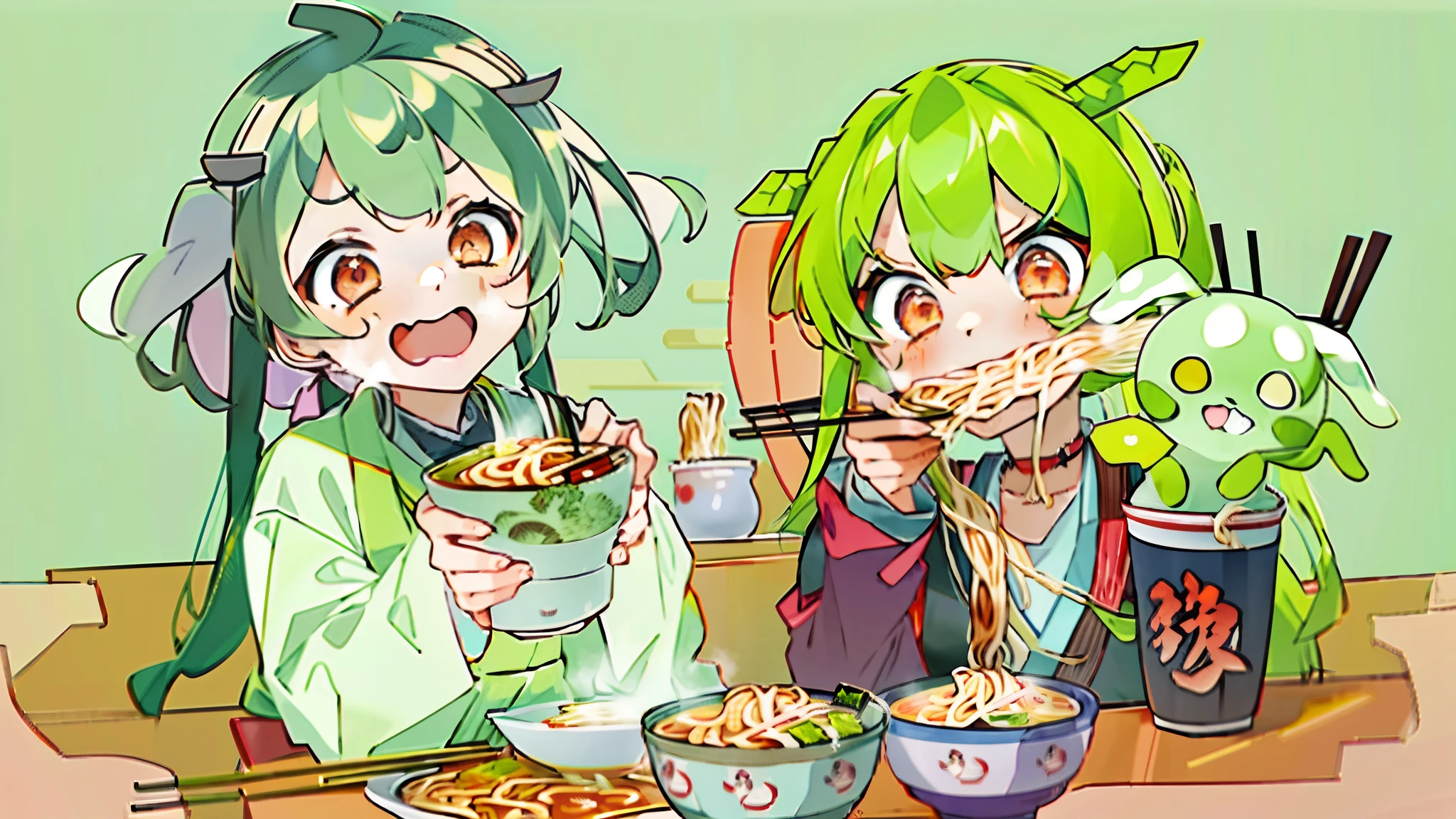 masterpiece, best quality, ultra-detailed, 3girls, ((ramen  restaurant))
AND masterpiece, best quality, 3girls,  kiritan,white kimono, brown hair, red eyes,upper_teeth, (teen age:1.2), (sitting:1.1) ,ichiraku ramen, (eating ramen noodles:1.0), holding chopsticks and ramen bowl, slurp one's noodles
AND masterpiece, best quality, 3girls,  zunko, green hair,very long hair,school uniform,upper_teeth, (teen age:1.2), (sitting:1.1) ,ichiraku ramen, (eating ramen noodles:1.0), holding chopsticks and ramen bowl, slurp one's noodle
AND masterpiece, best quality, 3girls, zundamon,green hair, orange eyes, green skirt, white dress,upper_teeth, (teen age:1.2), (sitting:1.1) ,ichiraku ramen, (eating ramen noodles:1.0), holding chopsticks and ramen bowl, slurp one's noodles