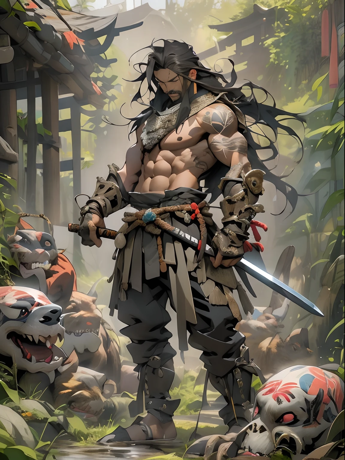 (((mtu))), (((best qualityer))), (((tmasterpiece))), (((AS-Adult))), ((( Japanese ))), Look up from your knees, Handsome Asian samurai,perfect body figure, Modern samurai, ((( Asian))), Wear gloves on your hands,The left arm is made of steel and metal tips,Made of protective devices, The eyes are pulled, (( Appears below the chest )), (( Small dental floss )), Simon Bisley, Almost naked(Simon Bisley)Castle City Wilderness,For high-resolution posters, hair straight, Minimum clothing, armure (Crazy clothes ), Full of tips and rivets, tribal tattoos, (((full bodyesbian))), Straight brunette hair,Colored hair ends