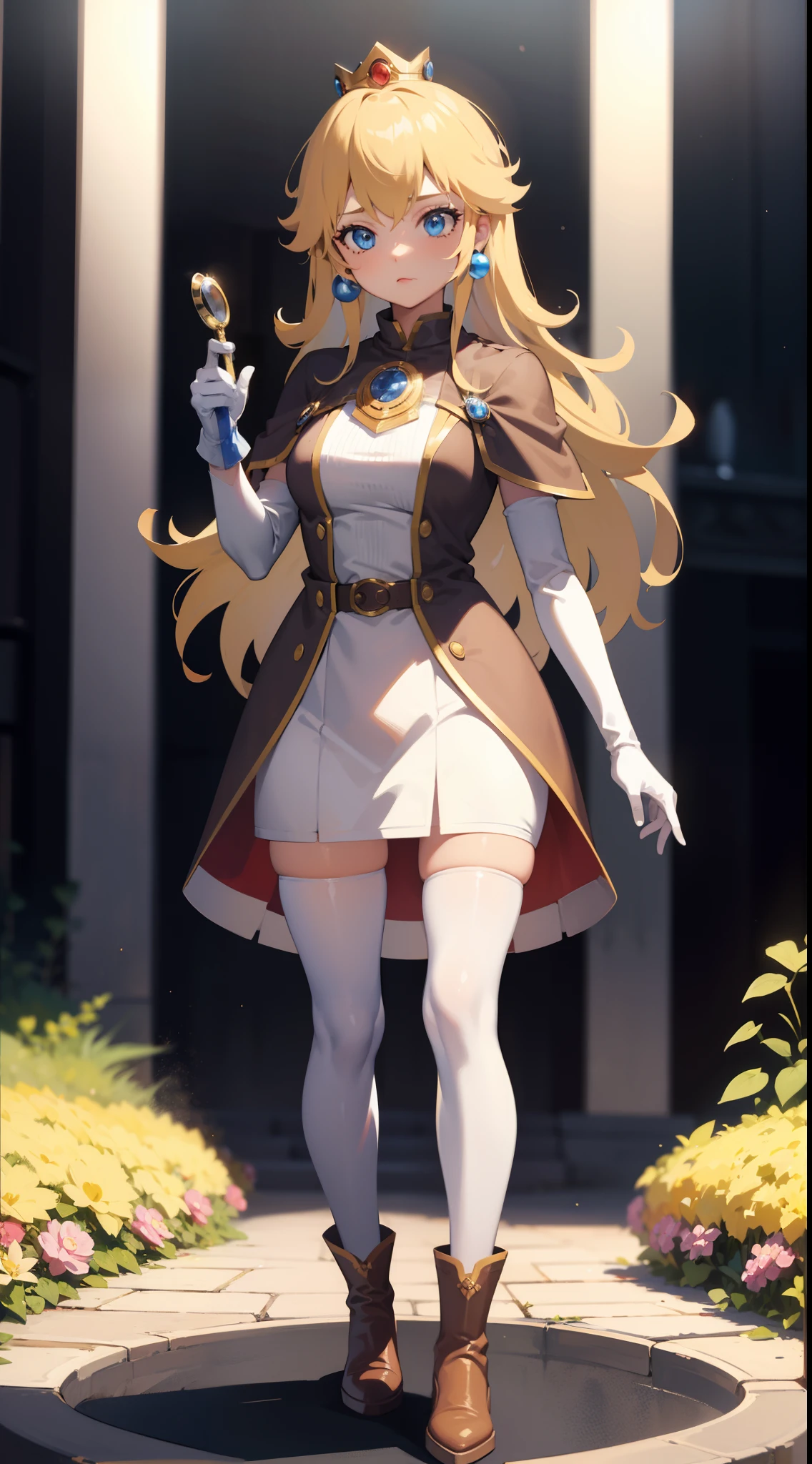 1girl, solo, Princess peach, Blonde hair, blue eyes, detective outfit, brown capelet, Brown business dress, white gloves, brown deerstalker, White tights, brown boots, Blue earrings, holding a magnifying glass, masterpiece, best quality, standing on a stage with a museum background.