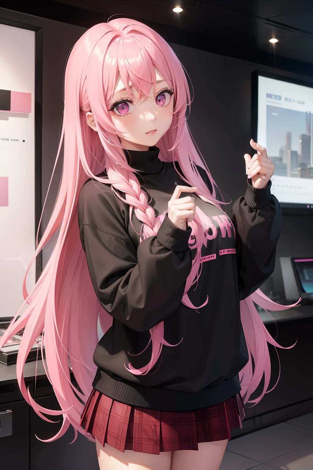 Bad girl、Black jumper、Pink mini skirt、Odango Hair、Pink hair、full body Esbian、masuter piece:1.2、top-quality)、(Live action、Intricate details)、(1lady、独奏、The upper part of the body、) garments: Edgy、Black jumper、Pink mini skirt、Avant-garde、Experimental appearance: Long pink hair、BEReaction: Runaway Ladies Leader、secretary-general、Black jumper、Pink mini skirt、 The location: bustling city、Create mixed media art、 values: individuality、authenticity、Creative Expression Inn