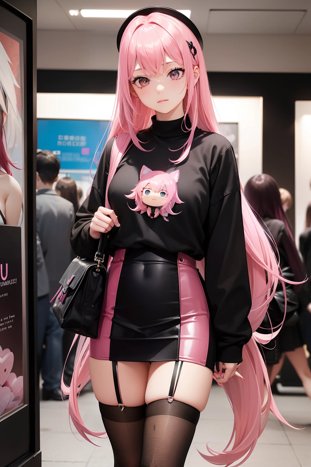 Bad girl、Black jumper、Pink mini skirt、Odango Hair、Pink hair、full body Esbian、masuter piece:1.2、top-quality)、(Live action、Intricate details)、(1lady、独奏、The upper part of the body、) garments: Edgy、Black jumper、Pink mini skirt、Avant-garde、Experimental appearance: Long pink hair、BEReaction: Runaway Ladies Leader、secretary-general、Black jumper、Pink mini skirt、 The location: bustling city、Create mixed media art、 values: individuality、authenticity、Creative Expression Inn