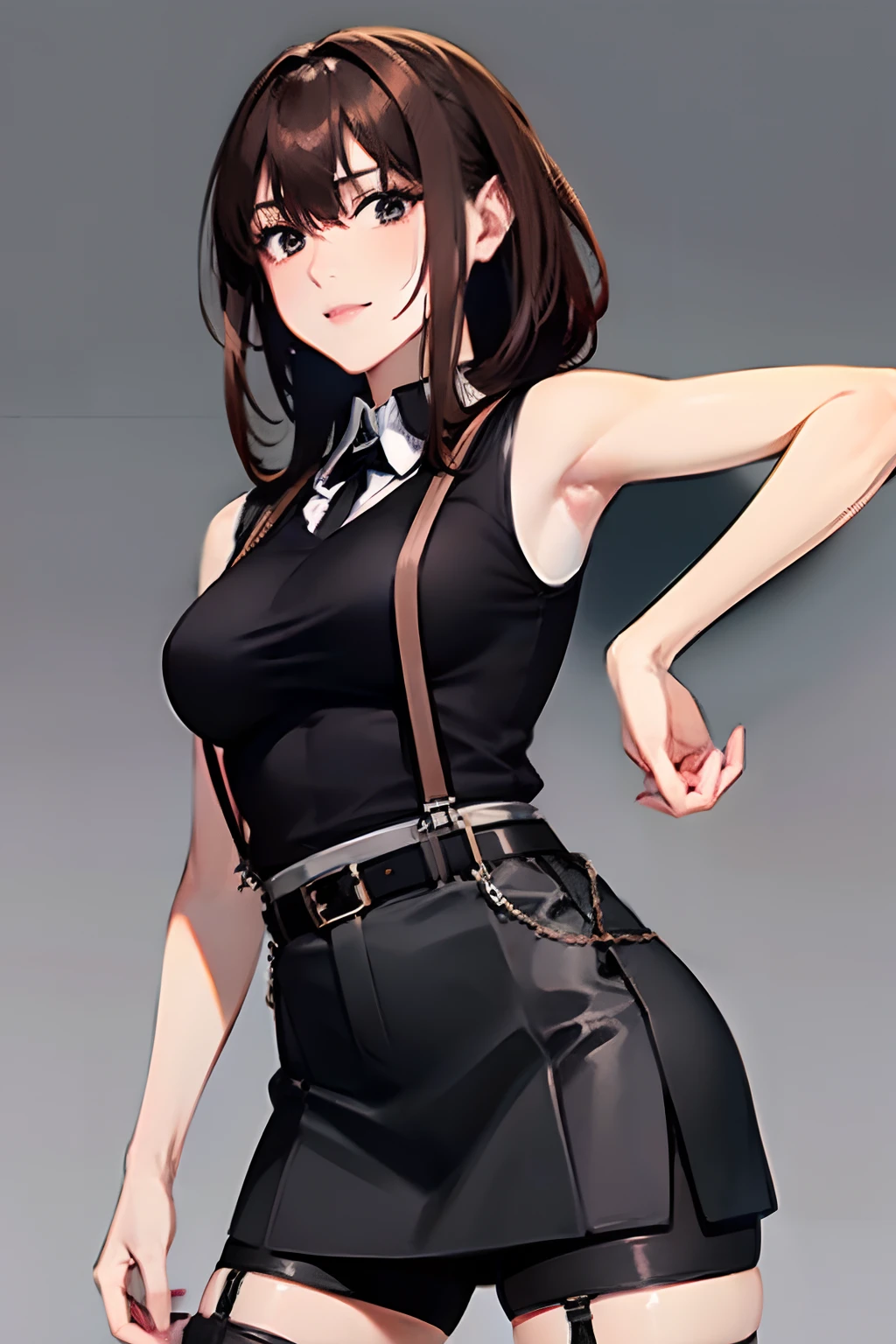 Black skirt, 　suspenders, Brown hair Gray eyes, Garter belt on the legs, Tight black clothes, 　　 a belt　Armpit sweat　　Dark look　Moderately breasts　holster　chain　　poneyTail