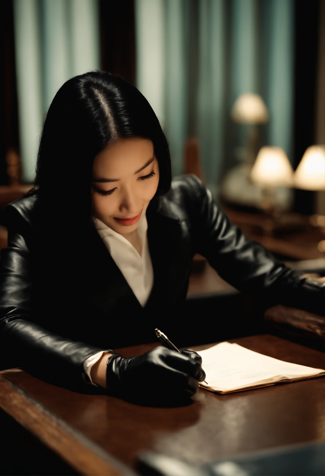 Wearing black leather gloves on both hands　The upper part of the body　Black Business Suit　Towards the desk in the study in the dark、Look down and smile、Write a letter with a fountain pen　long straight black hair　Young japanese lady(Black leather gloves cover both hands)