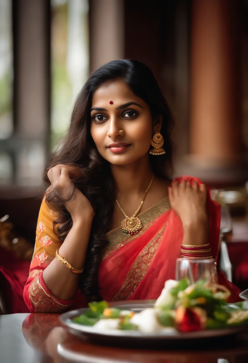 Indian woman sitting at a table in a restaurant with a glass of wine, gorgeous young Indian woman, beautiful young Indian woman, beautiful south indian woman, No background blur, overcast lighting, mobile camera exposure, round face, indian girl, beautiful korean girl, Mobile photography , mobile camera, taken in movile phone, realistic, ultra realistic human, female from india, in white clothes