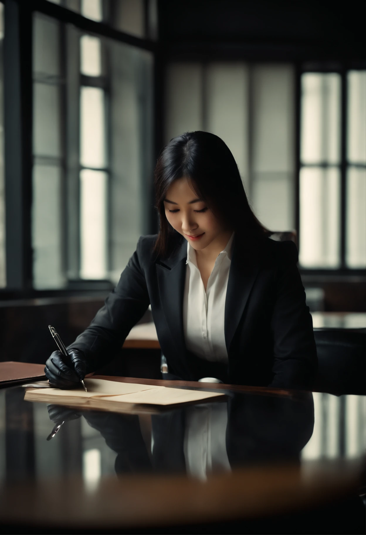 Wearing black leather gloves on both hands The upper part of the body Black Business Suit Towards the desk in the study in the dark、Look down and smile、Write a letter with a fountain pen long straight black hair Young japanese lady(Black leather gloves cover both hands)