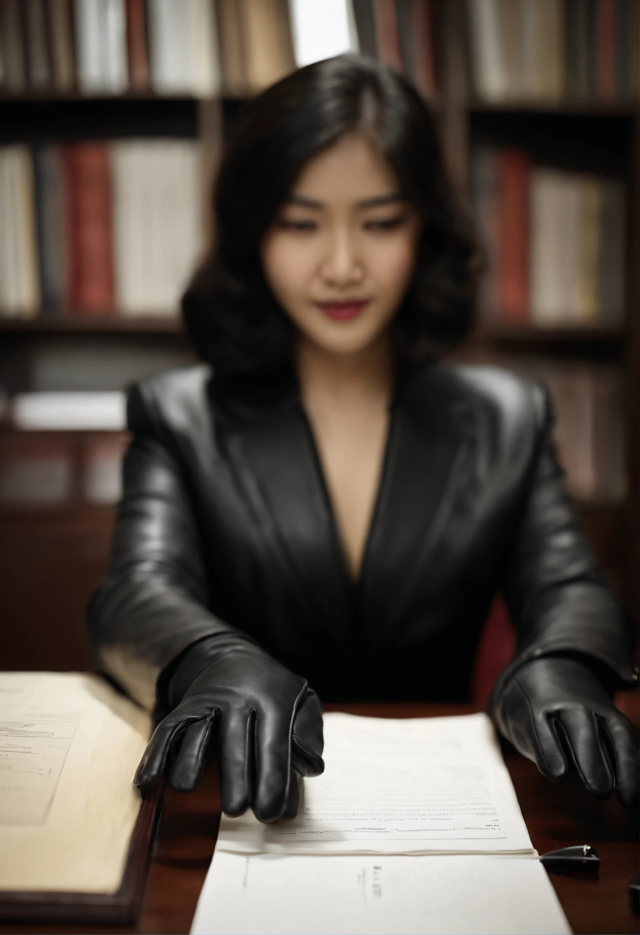 Wearing black leather gloves on both hands　The upper part of the body　Black Business Suit　Towards the desk in the study in the dark、Look down and smile、Write a letter with a fountain pen　long straight black hair　Young japanese lady(Black leather gloves cover both hands)