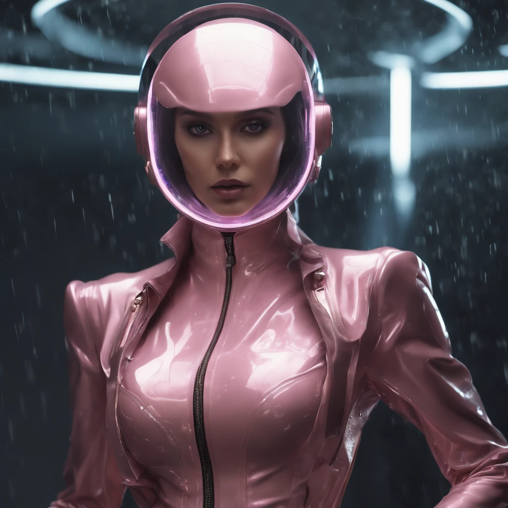 (professional 3d render:1.3) af (Realistic:1.3) most beautiful artwork photo in the world, Woman wearing gorgeous curved mask and organic costume with yellow and black patterns and silhouettes in the downpour,With a glass dome visor, Wet texture, Water droplets, Organic flowers and plants, Dynamic charm pose holding delicate carved space gun, Alien woman, As a futuristic heroine, Vespertin, Futuristic clothing and glass, cinematic Film still from, fashionable futuristic woman, h.r.Giger, simon stålenhag, female alien, Alien girl, A futuristic woman Selkonan. The avant-garde design style is inspired by yellow and black squares and curves(Intricate:1.4), decadent, (Highly detailed:1.4), Digital painting, rendering by octane, art stations, concept-art, smooth, Sharp focus, illustration, Art germ, (loish:0.23), wlop ilya kuvshinov, and greg rutkowski and alphonse mucha gracias, (Global illumination, Studio light, volumettic light), heavy rain, particles floating, lotr, fantasy, elf, full bodyesbian, ((Dark and ancient city background:1.3)),CGSesociety,art stations(RAW photo:1.2),Pink latex jumpsuit,Hollow-out on,Holt collar, latex shiny,tight-fitting,sweat leggs,White liquid, Pink body, wearing atsuko kudo latex outfit, wearing tight suit, Smooth pink skin, catsuits, Wearing latex, shiny plastic, shiny metallic glossy skin, The color of pink glow, latex outfit, chrome bodysuit, cyberpunk glossy latex suit, Shiny, futuristic glossy latex suit spread their legs M-shaped legs angry look sullenness Irritated,white liquid all over body,