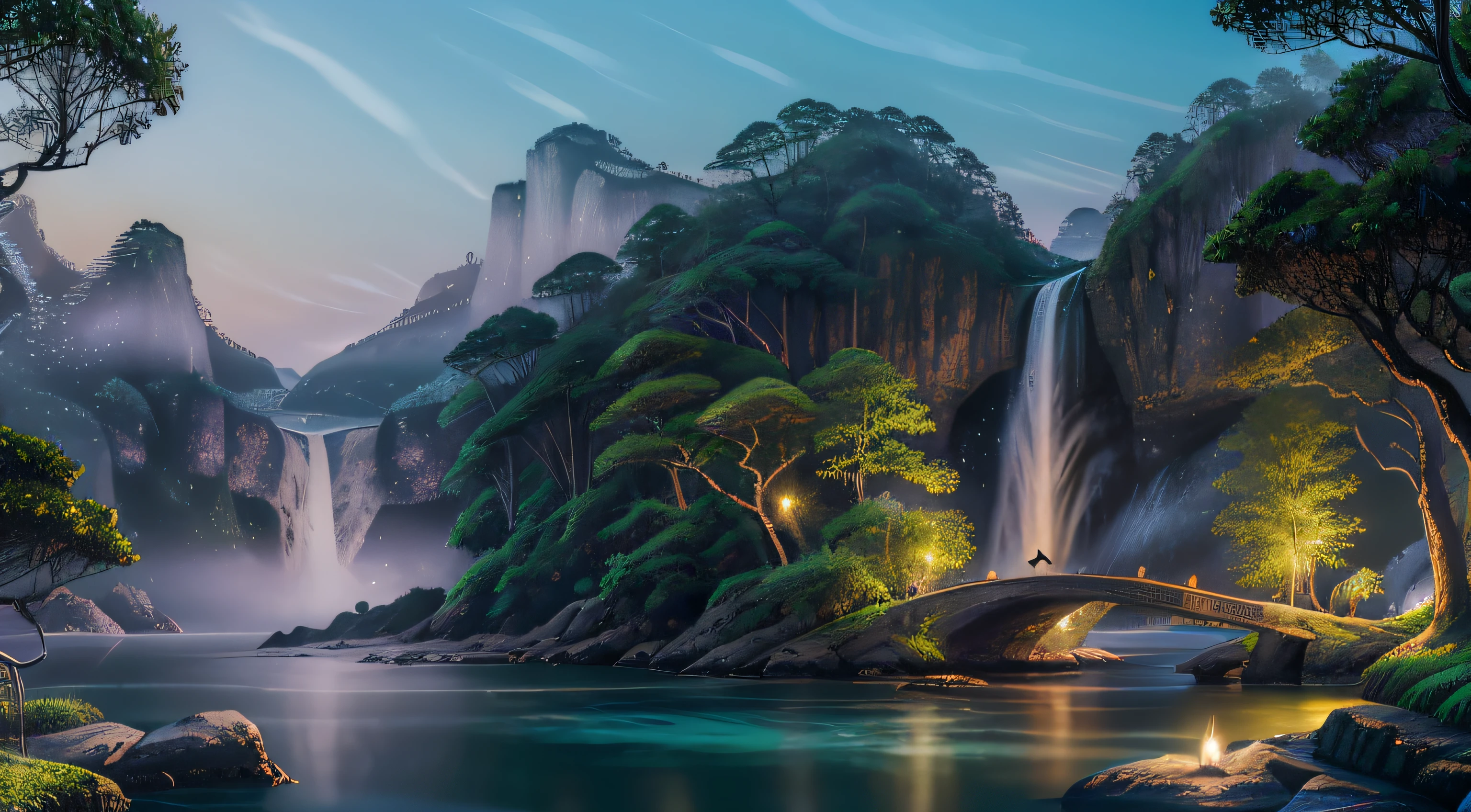 (best quality,4k,8k,highres,masterpiece:1.2),ultra-detailed,(realistic,photorealistic,photo-realistic:1.37),majestic waterfall,cascading down,rocky cliff,mystic rocks,moonlit,water splashing,glistening droplets,sparkling mist,splendid scenery,natural beauty,powerful force,nature's masterpiece,wondrous sight,majesty and serenity,calming ambiance,harmonious blend,dazzling moonlight,magical atmosphere,enchanted surrounding,sublime elegance,ethereal feeling,tranquil tranquility,color harmony,gentle flowing lines,dynamic energy,crystal-clear waters,serene reflection,peaceful serenity,lush foliage,mesmerizing view,stunning contrast,endless flow,timeless beauty,rugged grandeur