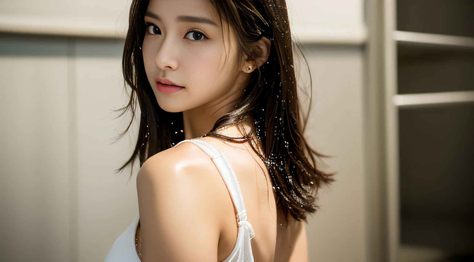 ((32k,high detal,high-detail、masterpiece,Attention to detail,full body Esbian,独奏))),Raw photo & realistic atmosphere,beautiful dark blue eyes,Detailed mouth,Glossy lips,Detailed eyebrows,Eyes drawn in detail with soft white skin that shines in every detail、azure eyes,Very beautiful eyes,Detailed lips、Very beautiful face,Very well-formed face、Lifelike face,shiny beautiful lips, Realistic Young Gravure Idol, Very Beautiful Girl, , Young Sensual Gravure Idol, Young Gravure Idol, Very beautiful and cute 18 year old girl,the whole body is wet,dripped out,with a flushed face,Incredibly beautiful 18-year-old girl,Brown shiny hair,Hair is wet,Dripping water,dripping,(Camera gaze,Fishing eyes,even,Pitch black room:1.7),(Colossal tits,well-shaped breasts,Growing body, I'm anxious and about to cry,Moist eyes,sexy facial expression,:1.5),(piercings,a necklace,Turned,Backshots,Glaring while looking back,Black G Strings,Showing off a black G-string,Show off your beautiful ass,Sensual room,Erotic ass,:1.9)