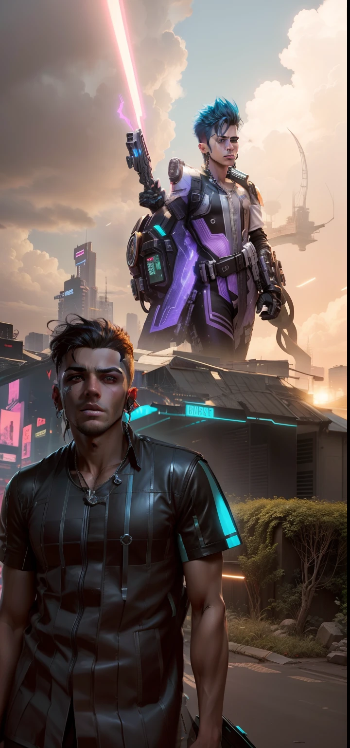 Change background cyberpunk handsome boy realistic face fresh hair ultra HD image