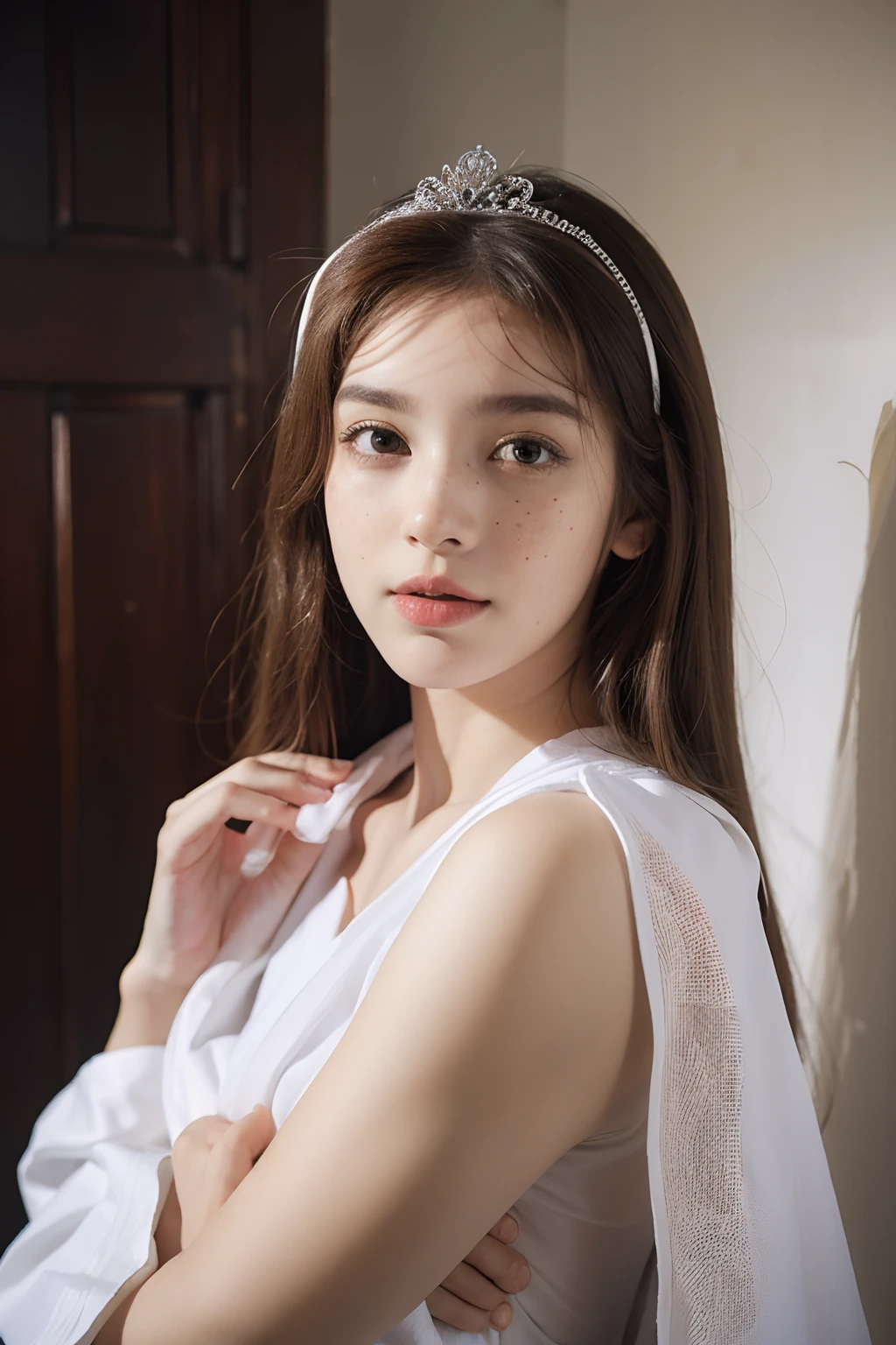 Arafed woman with a tiara on her head and a transparent white robe posing for a photo, com olhos castanhos,Judi Bowker aka Andromeda of Clash of the Titans, freckles pale skin, sardas bonito, sardas pequenas, sardas fofas claras, modelo jovem lindo, menina joveta, seios grandes, com sardas, 5 0 0 px modelos, menina jovem boninina modelo bonita