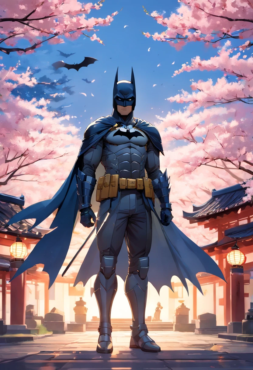 Batman com armadura samurai, armadura perfeita, samurai mask, Perfect and amazing details, sword in your hand, Combat Position, cavaleiro das trevas, Japanese temple background with cherry trees