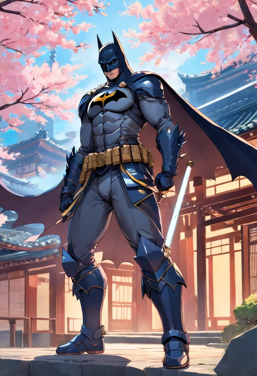 Batman com armadura samurai, armadura perfeita, samurai mask, Perfect and amazing details, sword in your hand, Combat Position, cavaleiro das trevas, Japanese temple background with cherry trees