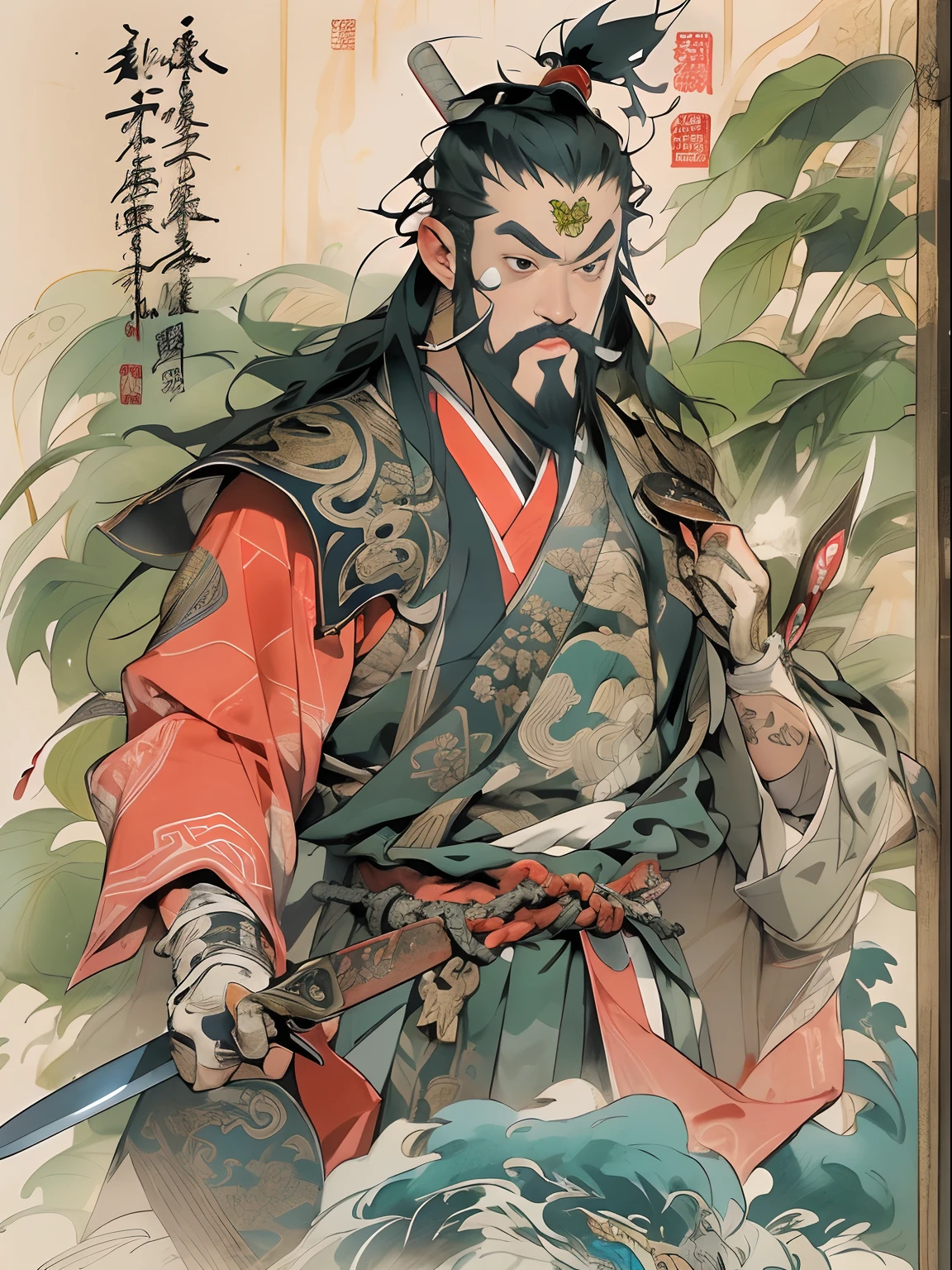 (((China-style，Ink painting method，Half-length portrait，Intense color，Han dynasty, China，Hanfu，Armor，Guan yu，Guan Yunchang，of a guy，Ruddy killing square face，Hold the Blue Dragon Moon Knife in his right hand，Stroke your beard with your left hand，Long hair，petty eyes，Green robe))), (((best qualityer))), (((tmasterpiece))), (((AS-Adult))), ((( Japanese ))), Look up from your knees, Handsome Asian samurai，perfect body figure, Modern samurai, ((( Asian))), Wear gloves on your hands，The left arm is made of steel and metal tips，Made of protective devices, The eyes are pulled, (( Appears below the chest )), (( Small dental floss )), Simon Bisley, Almost naked（Simon Bisley）Castle City Wilderness，For high-resolution posters, hair straight, Minimum clothing, armure (Crazy clothes ), Full of tips and rivets, tribal tattoos, (((full bodyesbian))), Straight brunette hair，Colored hair ends
