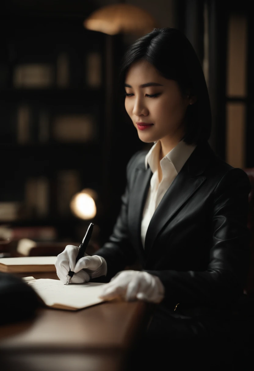 Wearing black leather gloves on both hands The upper part of the body Black Business Suit Towards the desk in the study in the dark、Look down and smile、Write a letter with a fountain pen long straight black hair Young japanese lady(Black leather gloves cover both hands)