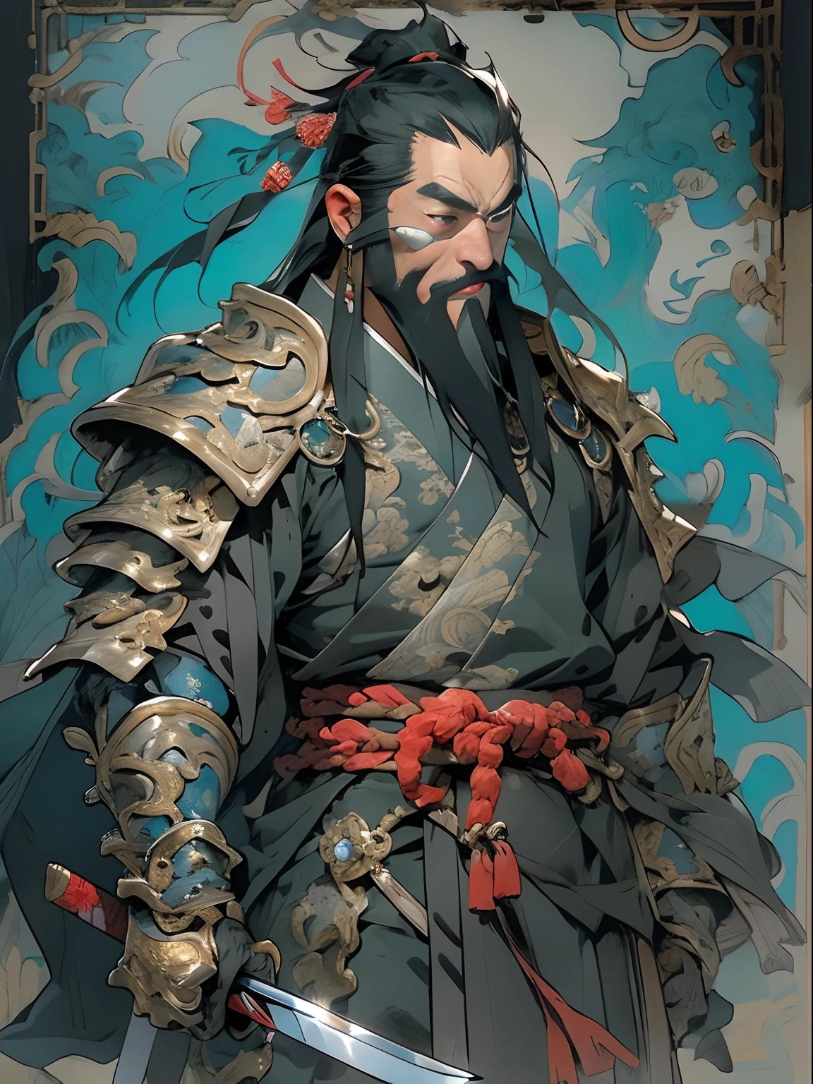 (((China-style,Ink painting method,Half-length portrait,Intense color,Han dynasty, China,Hanfu,Armor,Guan yu,Guan Yunchang,of a guy,Ruddy killing square face,Hold the Blue Dragon Moon Knife in his right hand,Stroke your beard with your left hand,Long hair,petty eyes,Green robe))), (((best qualityer))), (((tmasterpiece))), (((AS-Adult))), ((( Japanese ))), Look up from your knees, Handsome Asian samurai,perfect body figure, Modern samurai, ((( Asian))), Wear gloves on your hands,The left arm is made of steel and metal tips,Made of protective devices, The eyes are pulled, (( Appears below the chest )), (( Small dental floss )), Simon Bisley, Almost naked(Simon Bisley)Castle City Wilderness,For high-resolution posters, hair straight, Minimum clothing, armure (Crazy clothes ), Full of tips and rivets, tribal tattoos, (((full bodyesbian))), Straight brunette hair,Colored hair ends