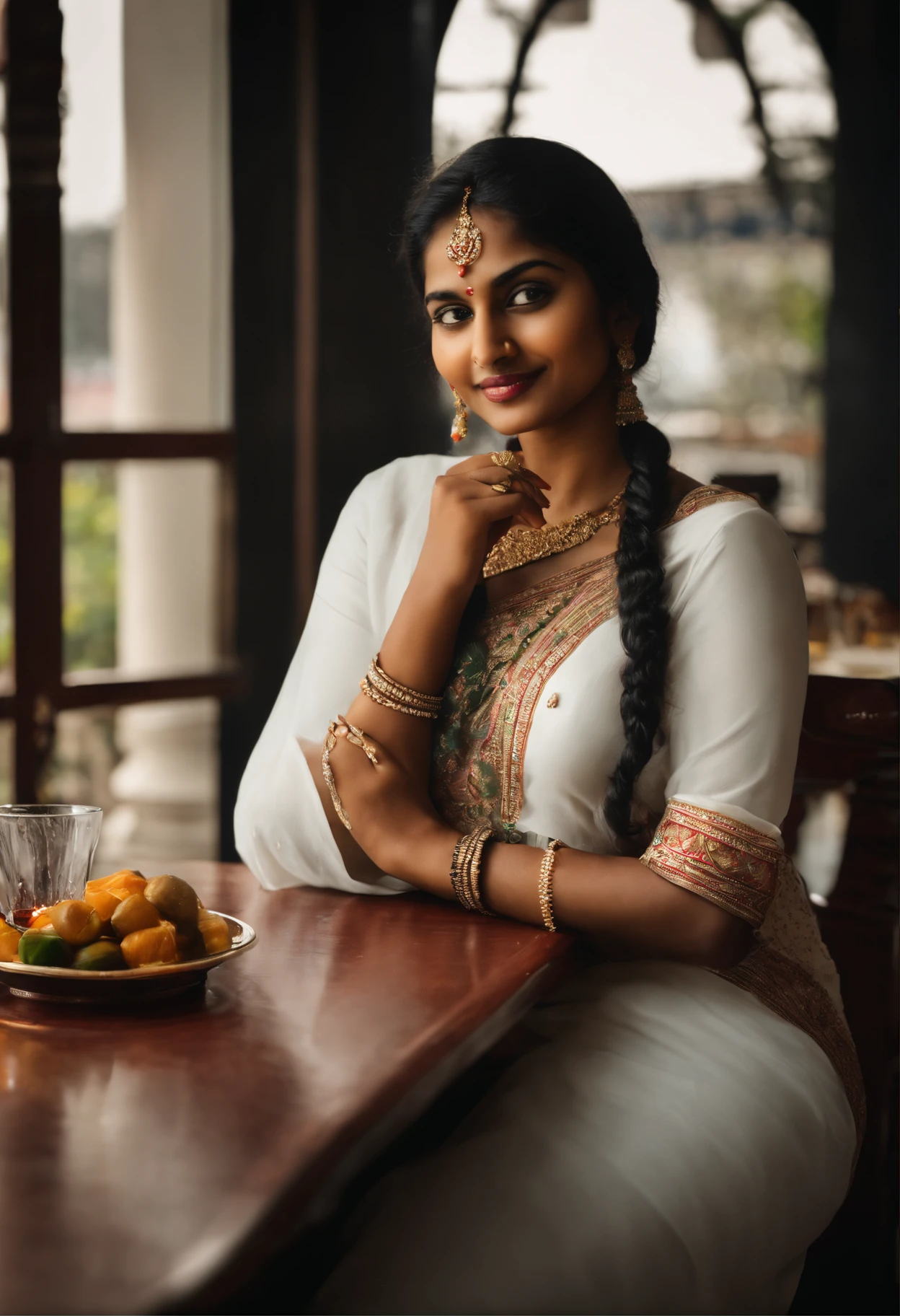 Indian woman sitting at a table in a restaurant with a glass of wine, gorgeous young Indian woman, beautiful young Indian woman, beautiful south indian woman, No background blur, overcast lighting, mobile camera exposure, round face, indian girl, beautiful korean girl, Mobile photography , mobile camera, taken in movile phone, realistic, ultra realistic human, female from india, in white clothes