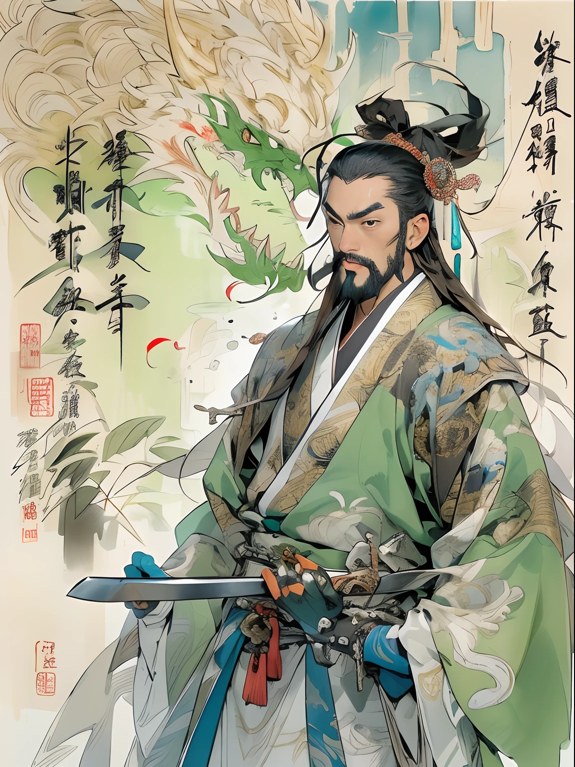 (((China-style,Ink painting method,Half-length portrait,Intense color,Han dynasty, China,Hanfu,Armor,Guan yu,Guan Yunchang,of a guy,Ruddy killing square face,Hold the Blue Dragon Moon Knife in his right hand,Stroke your beard with your left hand,Long hair,petty eyes,Green robe))), (((best qualityer))), (((tmasterpiece))), (((AS-Adult))), ((( Japanese ))), Look up from your knees, Handsome Asian samurai,perfect body figure, Modern samurai, ((( Asian))), Wear gloves on your hands,The left arm is made of steel and metal tips,Made of protective devices, The eyes are pulled, (( Appears below the chest )), (( Small dental floss )), Simon Bisley, Almost naked(Simon Bisley)Castle City Wilderness,For high-resolution posters, hair straight, Minimum clothing, armure (Crazy clothes ), Full of tips and rivets, tribal tattoos, (((full bodyesbian))), Straight brunette hair,Colored hair ends
