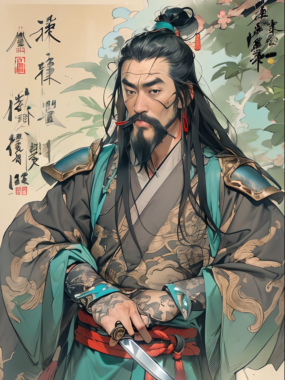 (((China-style,Ink painting method,Half-length portrait,Intense color,Han dynasty, China,Hanfu,Armor,Guan yu,Guan Yunchang,of a guy,Ruddy killing square face,Hold the Blue Dragon Moon Knife in his right hand,Stroke your beard with your left hand,Long hair,petty eyes,Green robe))), (((best qualityer))), (((tmasterpiece))), (((AS-Adult))), ((( Japanese ))), Look up from your knees, Handsome Asian samurai,perfect body figure, Modern samurai, ((( Asian))), Wear gloves on your hands,The left arm is made of steel and metal tips,Made of protective devices, The eyes are pulled, (( Appears below the chest )), (( Small dental floss )), Simon Bisley, Almost naked(Simon Bisley)Castle City Wilderness,For high-resolution posters, hair straight, Minimum clothing, armure (Crazy clothes ), Full of tips and rivets, tribal tattoos, (((full bodyesbian))), Straight brunette hair,Colored hair ends