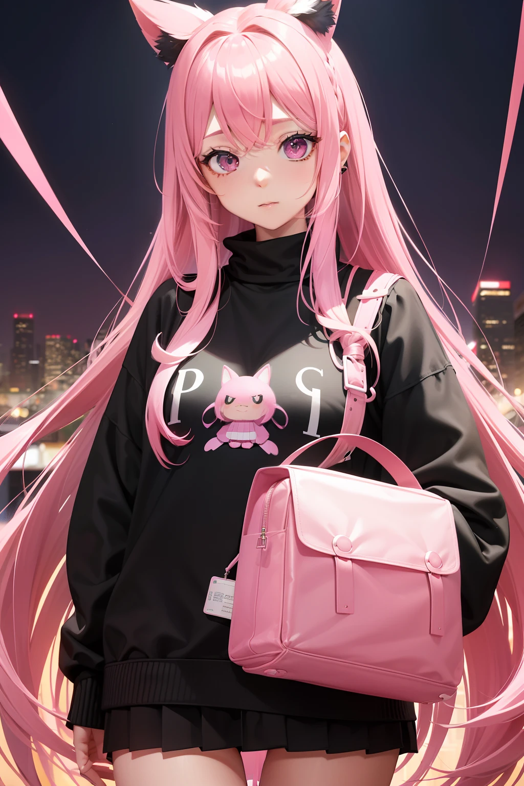 Bad girl、Black jumper、Pink mini skirt、Odango Hair、Pink hair、full body Esbian、masuter piece:1.2、top-quality)、(Live action、Intricate details)、(1lady、独奏、The upper part of the body、) garments: Edgy、Black jumper、Pink mini skirt、Avant-garde、Experimental appearance: Long pink hair、BEReaction: Runaway Ladies Leader、secretary-general、Black jumper、Pink mini skirt、 The location: bustling city、Create mixed media art、 values: individuality、authenticity、Creative Expression Inn