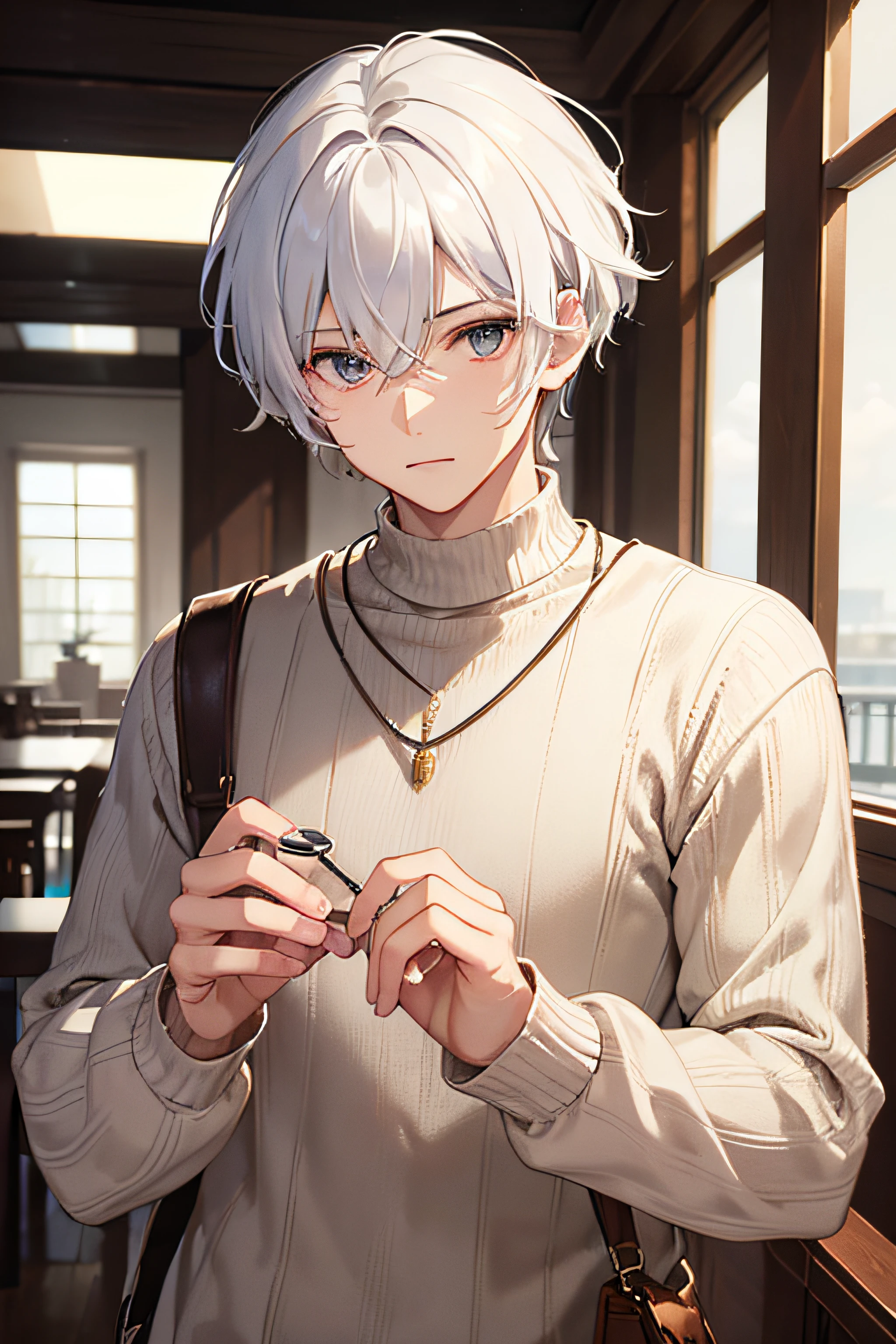 masterpiece, best quality, high quality, 1boy, solo, male focus, upper body, wearing glass, white hair with mash cut hairstyles. dressing brown sweater.