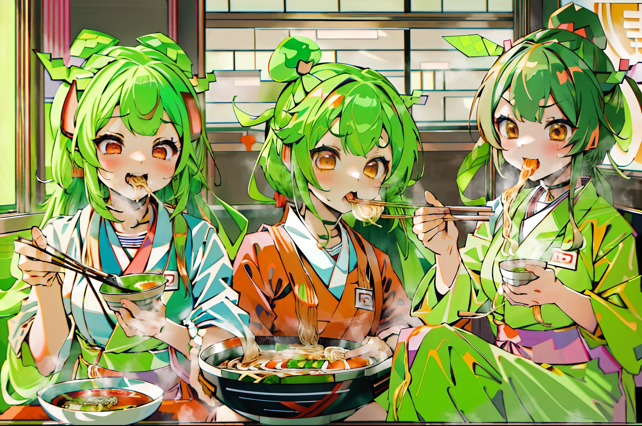 masterpiece, best quality, ultra-detailed, 3girls, ((ramen restaurant))
AND masterpiece, best quality, 3girls, kiritan,white kimono, brown hair, red eyes,upper_teeth, (teen age:1.2), (sitting:1.1) ,ichiraku ramen, (eating ramen noodles:1.0), holding chopsticks and ramen bowl, slurp one's noodles
AND masterpiece, best quality, 3girls, zunko, green hair,very long hair,school uniform,upper_teeth, (teen age:1.2), (sitting:1.1) ,ichiraku ramen, (eating ramen noodles:1.0), holding chopsticks and ramen bowl, slurp one's noodle
AND masterpiece, best quality, 3girls, zundamon,green hair, orange eyes, green skirt, white dress,upper_teeth, (teen age:1.2), (sitting:1.1) ,ichiraku ramen, (eating ramen noodles:1.0), holding chopsticks and ramen bowl, slurp one's noodles