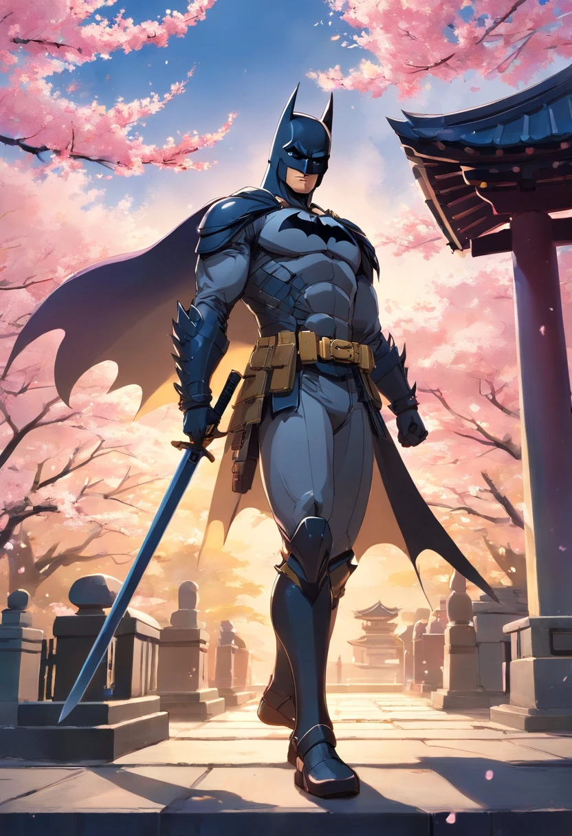 Batman com armadura samurai, armadura perfeita, samurai mask, Detalhes perfeitos e surpreendentes, sword in your hand, Combat Position, cavaleiro das trevas, Japanese temple background with cherry trees