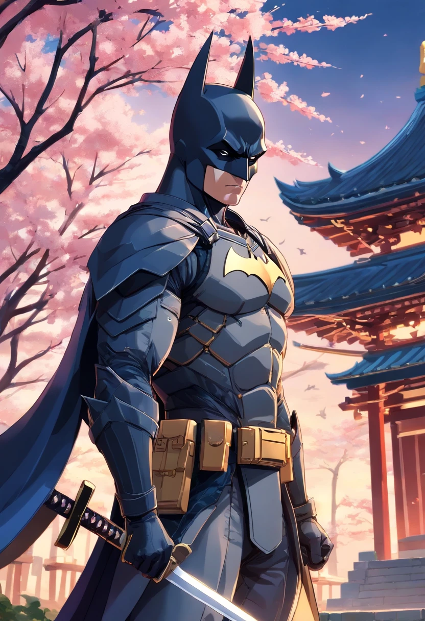 Batman com armadura samurai, armadura perfeita, samurai mask, Detalhes perfeitos e surpreendentes, sword in your hand, Combat Position, cavaleiro das trevas, Japanese temple background with cherry trees