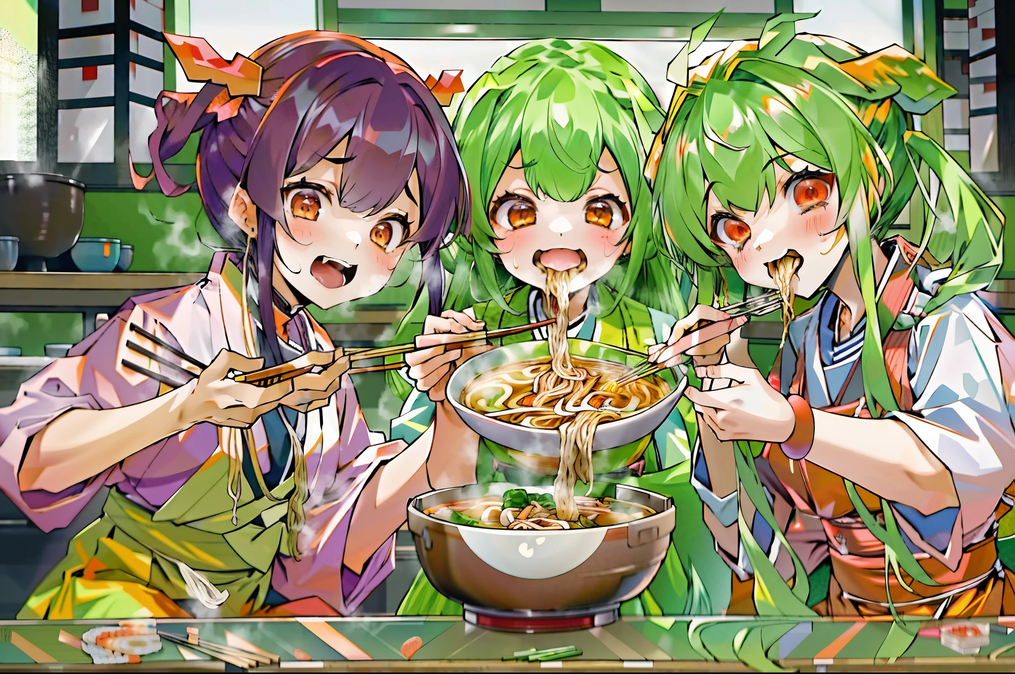 masterpiece, best quality, ultra-detailed, 3girls, ((ramen restaurant))
AND masterpiece, best quality, 3girls, kiritan,white kimono, brown hair, red eyes,upper_teeth, (teen age:1.2), (sitting:1.1) ,ichiraku ramen, (eating ramen noodles:1.0), holding chopsticks and ramen bowl, slurp one's noodles
AND masterpiece, best quality, 3girls, zunko, green hair,very long hair,school uniform,upper_teeth, (teen age:1.2), (sitting:1.1) ,ichiraku ramen, (eating ramen noodles:1.0), holding chopsticks and ramen bowl, slurp one's noodle
AND masterpiece, best quality, 3girls, zundamon,green hair, orange eyes, green skirt, white dress,upper_teeth, (teen age:1.2), (sitting:1.1) ,ichiraku ramen, (eating ramen noodles:1.0), holding chopsticks and ramen bowl, slurp one's noodles