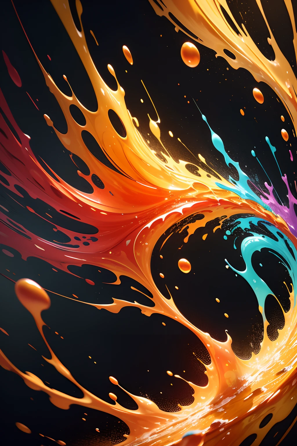 Close-up of swirling colored liquid on orange surface, splash of color, Philosophical splashes of color, splash of color, Color dispersion, intricate flowing paint, paint splatter, colorful image, colorful hd picure, Color octane rendering, Liquid painting, Color explosion, colorful paint, Color ink explodes, Paint splashes, splash of color,Boiling bubbles,Clean and simple background,Textured bubbles,Bubbles with a sense of speed