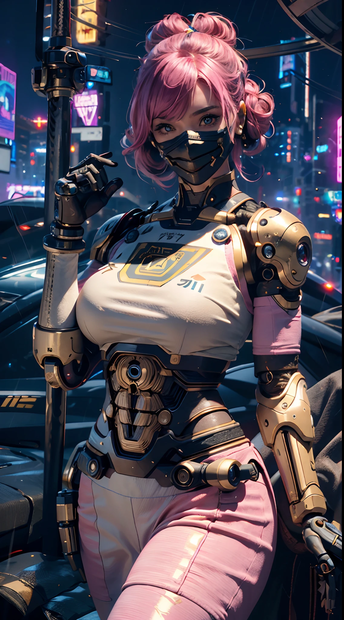 masterpiece, maximum quality,CG art,RTX 4090,best quality,4K,1080p,realistic,CG wallpaper,super high detailed,ultra high resolution, 8k, a woman,beauty,21years old,fair skin, extremely beautiful,strong gaze, alone,portrait,close-up face,cyberpunk outfit, extremely detailed face, detailed eyes,mischievous smile, cheerful, realistic photo, totally realistic, human pelle, studio lighting,golden ratio body, wide hips,perfect legs, big ass,pink hair,curly hair,double buns,blunt bangs,white clothing,D-cup breasts,in the rooftop of cyberpunk city,cyberpunk city background,((night)),rain,tattoos,Combat posture,((cyborg)),((Mechanical mask)),holding a katana