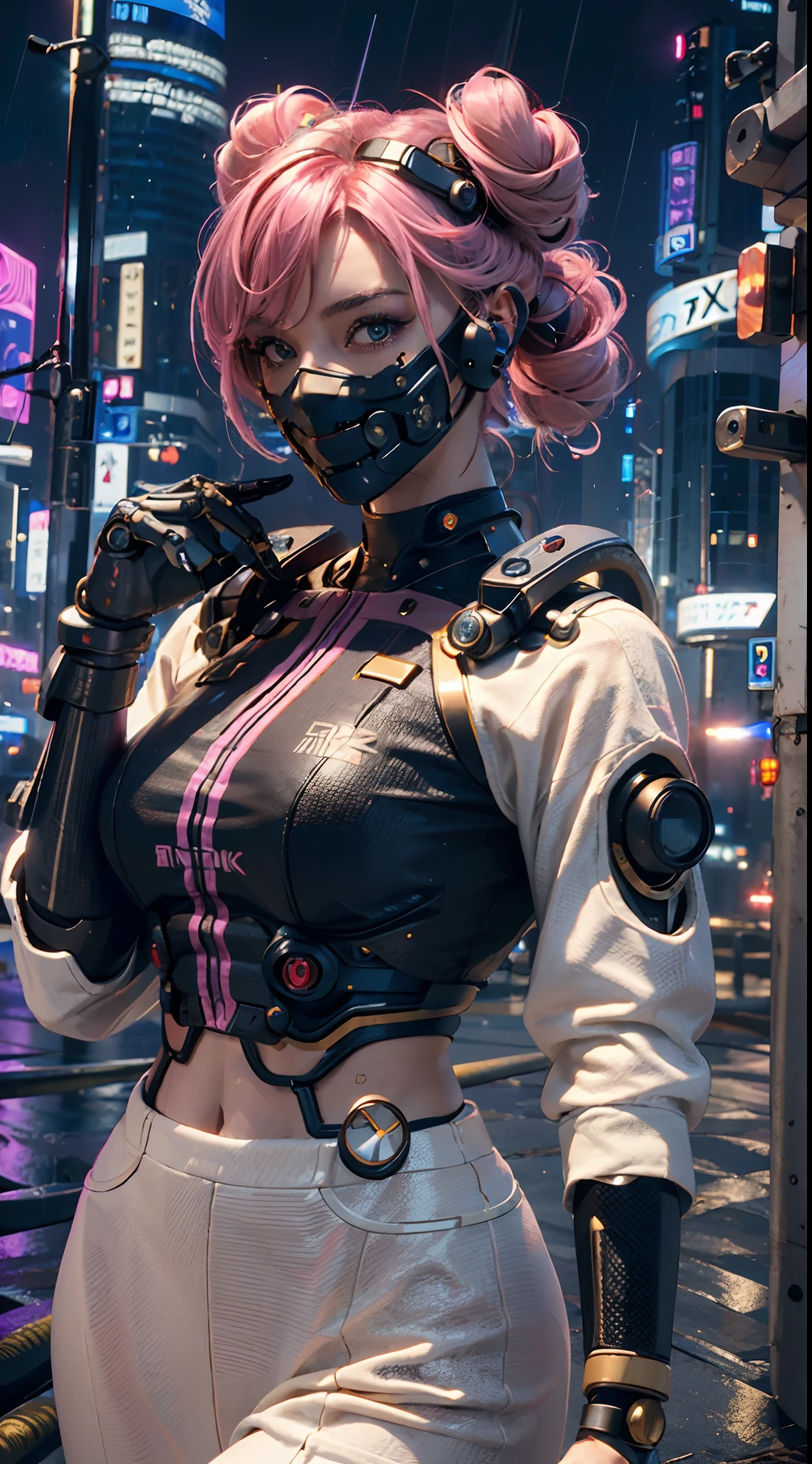 masterpiece, maximum quality,CG art,RTX 4090,best quality,4K,1080p,realistic,CG wallpaper,super high detailed,ultra high resolution, 8k, a woman,beauty,21years old,fair skin, extremely beautiful,strong gaze, alone,portrait,close-up face,cyberpunk outfit, extremely detailed face, detailed eyes,mischievous smile, cheerful, realistic photo, totally realistic, human pelle, studio lighting,golden ratio body, wide hips,perfect legs, big ass,pink hair,curly hair,double buns,blunt bangs,white clothing,D-cup breasts,in the rooftop of cyberpunk city,cyberpunk city background,((night)),rain,tattoos,Combat posture,((cyborg)),((Mechanical mask)),holding a katana