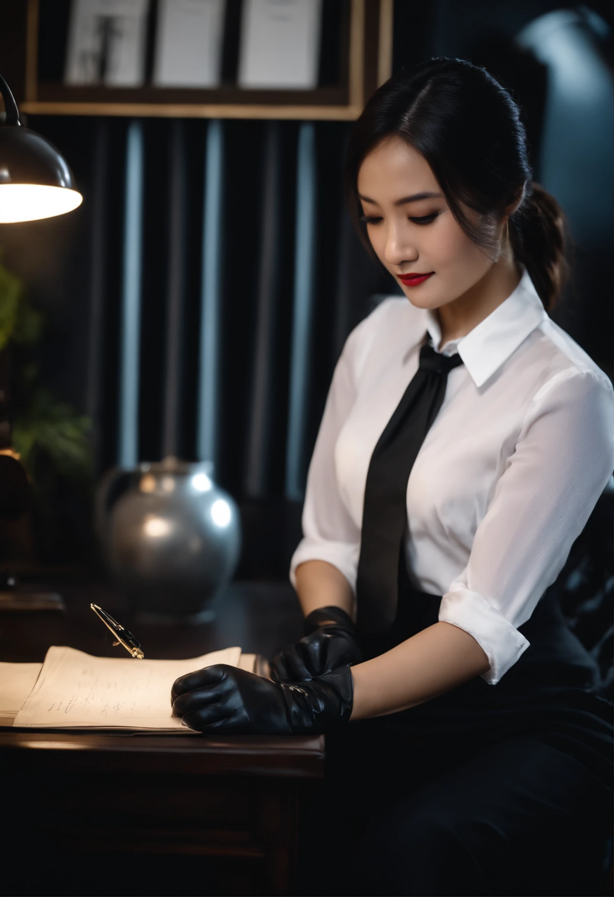 Wearing black leather gloves on both hands　The upper part of the body　Black Business Suit　Towards the desk in the study in the dark、Look down and smile、Write a letter with a fountain pen　long straight black hair　Young japanese lady(Black leather gloves cover both hands)