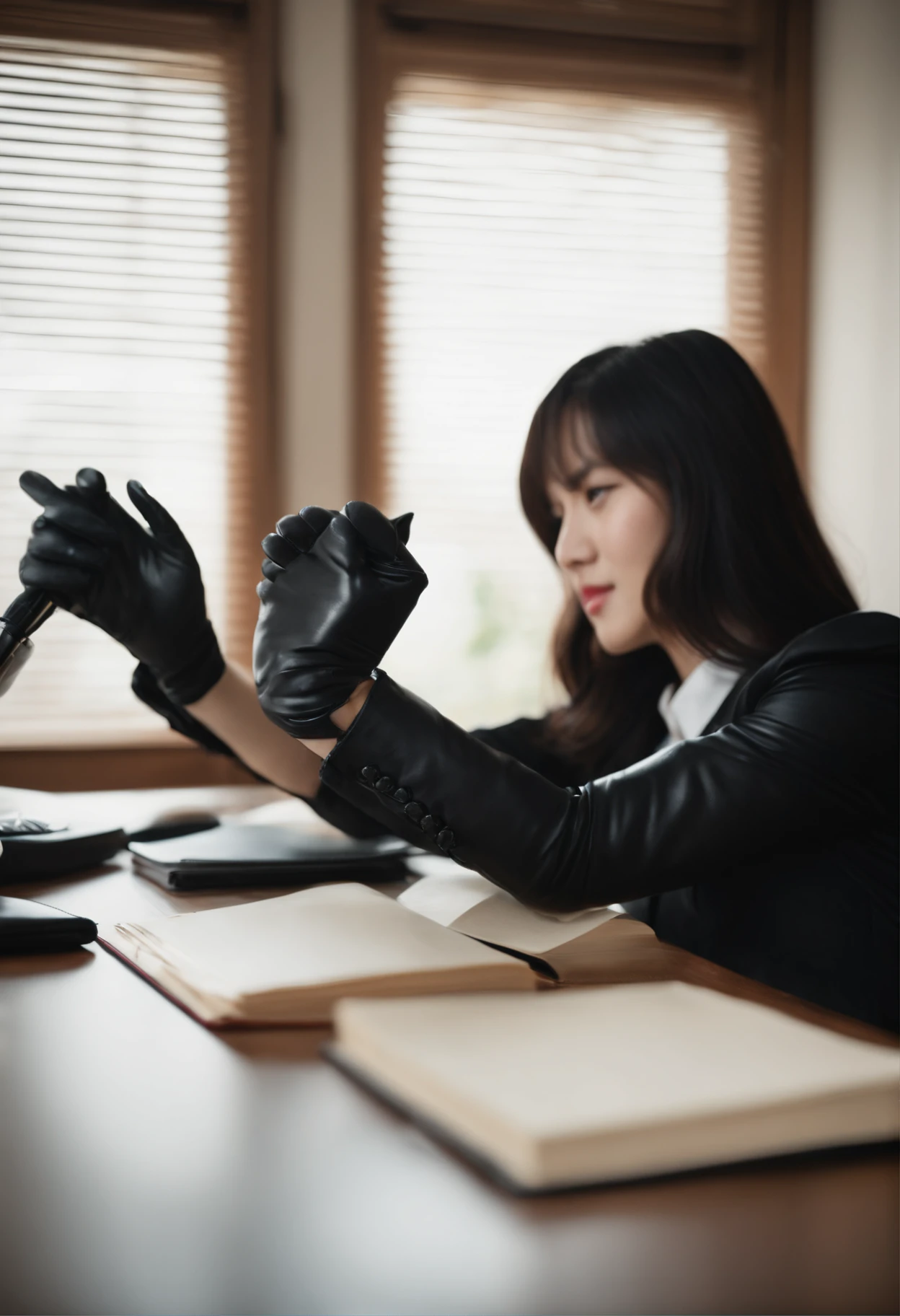 Wearing black leather gloves on both hands　The upper part of the body　Black Business Suit　Towards the desk in the study in the dark、Look down and smile、Write a letter with a fountain pen　long straight black hair　Young japanese lady(Black leather gloves cover both hands)