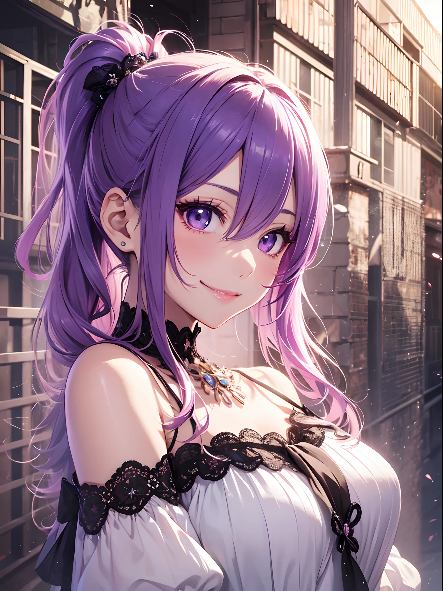 Anime girl with purple hair and purple eyes isolated on black background、Magenta hair，Short double ponytail、red blush、Upper body close-up、 A smile、Closed、Highly detailed CG Unity 8k wallpaper, Attractive eyes、[[A detailed eye、Colorful eyes、radiant eyes:1.25]]Pink hair、white dres、(LO Classic:1.4)、classical dress,Kawaii Smile、best anime 4k konachan wallpaper,、facing front