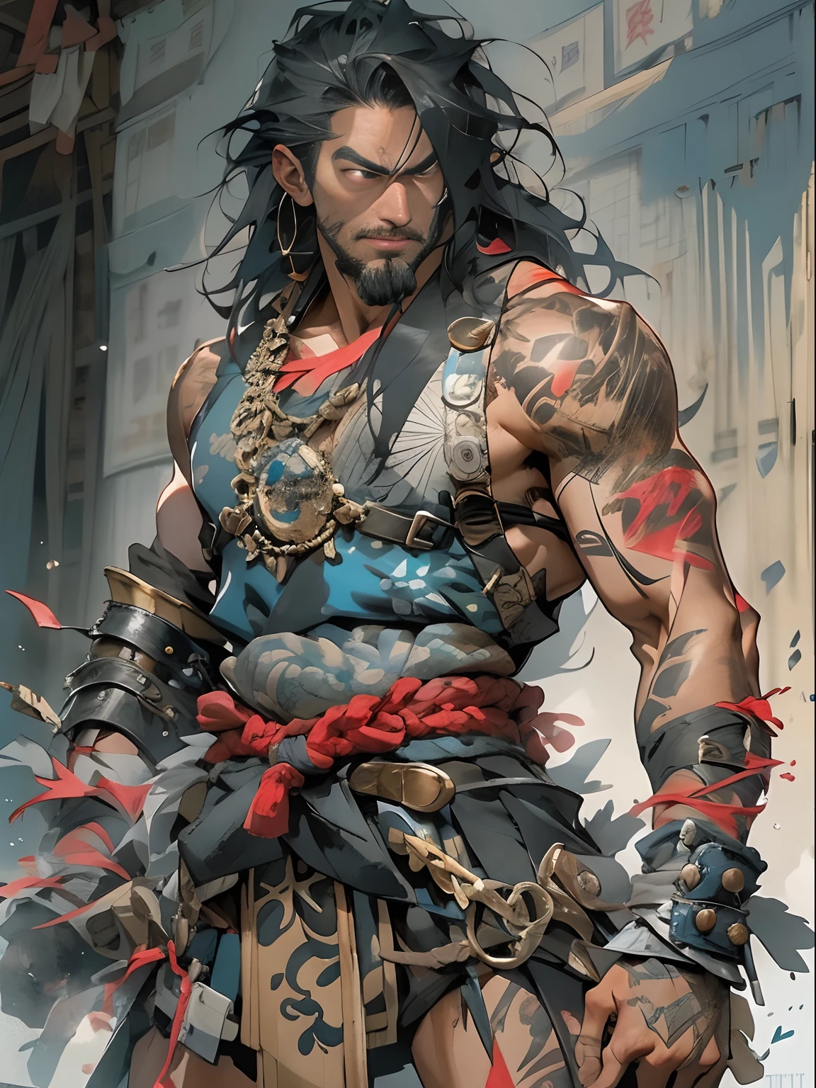 (((mtu))), (((best qualityer))), (((tmasterpiece))), (((AS-Adult))), ((( Japanese ))), Look up from your knees, Handsome Asian samurai,perfect body figure, Modern samurai, ((( Asian))), Wear gloves on your hands,The left arm is made of steel and metal tips,Made of protective devices, The eyes are pulled, (( Appears below the chest )), (( Small dental floss )), Simon Bisley, Almost naked(Simon Bisley)Castle City Wilderness,For high-resolution posters, hair straight, Minimum clothing, armure (Crazy clothes ), Full of tips and rivets, tribal tattoos, (((full bodyesbian))), Straight brunette hair,Colored hair ends