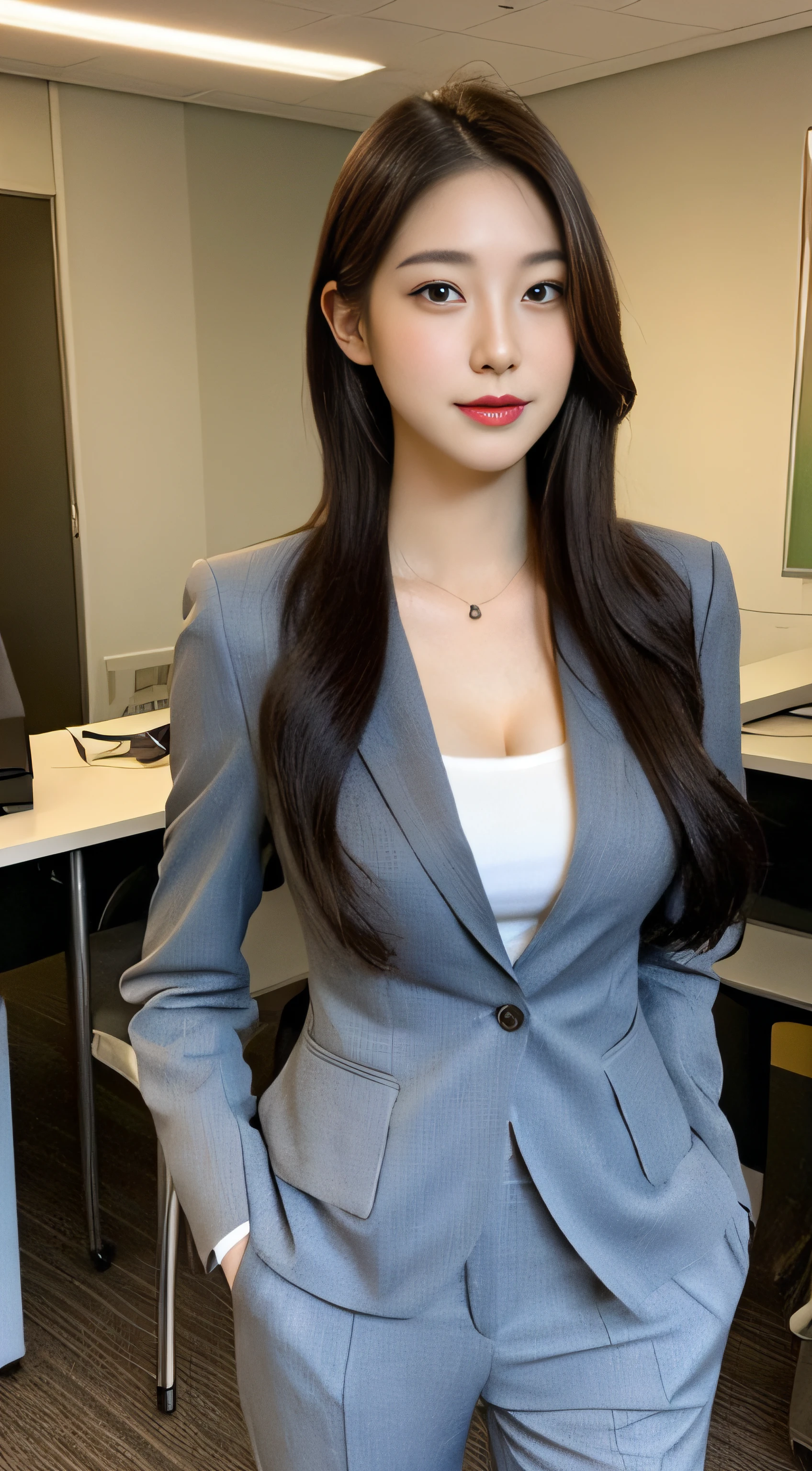 high quality， masterpiece， 1 girl， Beautiful Face， （Realistic photos：1.3）， Edge Light， （Highly detailed skin：1.2）， 8k ウルトラHD， Digital single-lens reflex camera， high quality， High resolution， 4K， 8k， Bokeh， Absurd， Optimal ratio 4 fingers to 1 finger，（truth：1.3）， Dirty face，Beautiful woman with perfect figure:1.4, Slim Abs:1.2, ((Dark brown hair,Big tits no leak:1.4 ))， pretty girl， Wearing a black formal blazer， Mid-breasted， Short skirt， Office Room