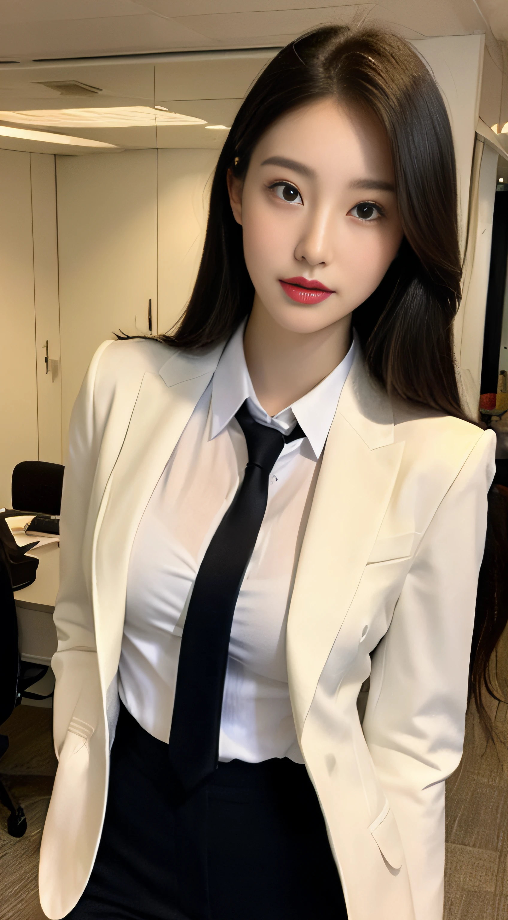 Intelligent serious woman、Light makeup、in 8K、top-quality、30-years old、Realistic rays、Bursting breasts beauty、Top image quality、Natural complexion、Company Desk、Sit on a chair、Company OL Blazer、jaket、Female Announcer、Lace sexy red panties on shirt、Panties visible from a normal-length skirt、Pretty figure、Trim your hair、Open your legs、、Lace sexy panties visible.updo hair、Female Announcer、Lipstick is light、
