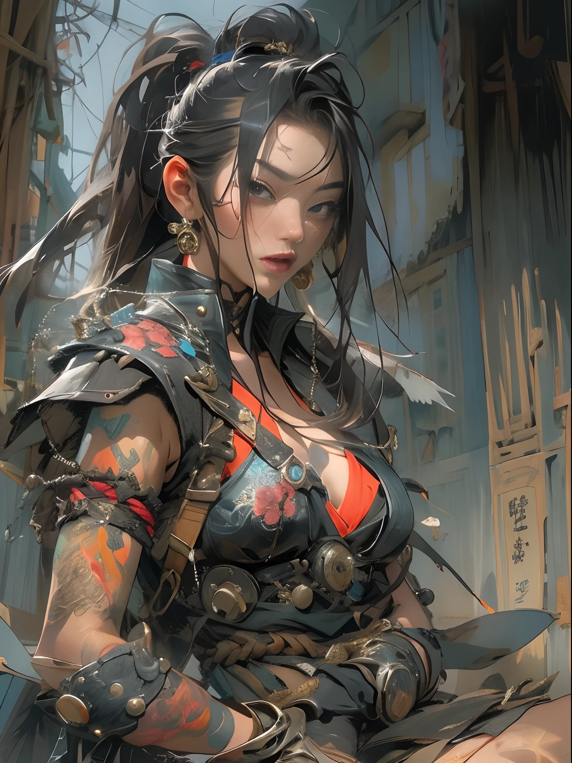 (((woman))), (((best qualityer))), (((tmasterpiece))), (((AS-Adult))), ((( Japanese ))), Look up from your knees, A beautiful asian samurai woman with perfect body, Modern samurai, ((( Asian))), Wear gloves on your hands,The left arm is made of steel and metal tips,Made of protective devices, The eyes are pulled, (( Appears below the breast )), (( Small dental floss )), Simon Bisley, Almost naked(Simon Bisley)Castle City Wilderness,For high-resolution posters, hair straight, Minimum clothing, armure (Crazy clothes ), Full of tips and rivets, tribal tattoos, (((full bodyesbian))), Straight brunette hair,Colored hair ends