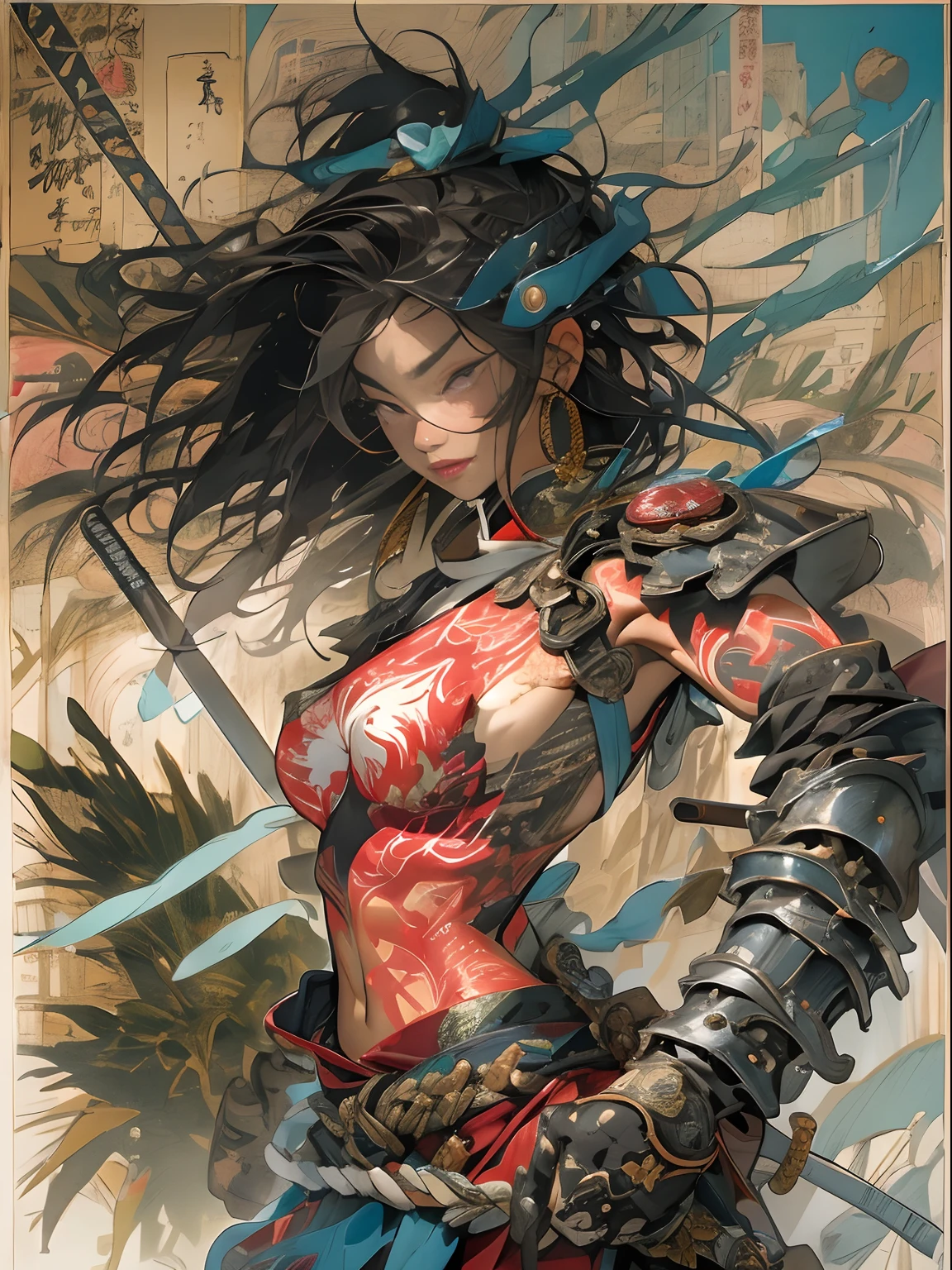 (((mulher))), (((melhor qualidade))), (((obra prima))), (((adulta))), Uma guerreira mulher de 35 anos com corpo perfeito, She-Lobo, (( under boobs )), quase nua no estilo selvagem urbano de Simon Bisley para a capa da revista Heavy Metal, cabelo loiro, Minimum clothing, armadura (vermelho escuro com estrelas brancas), cheio de pontas e rebites manchadas de tinta, tatuagem de estrelas de 5 pontas, (((corpo inteiro))), cabelo preto curto com franja branca cobrindo a testa