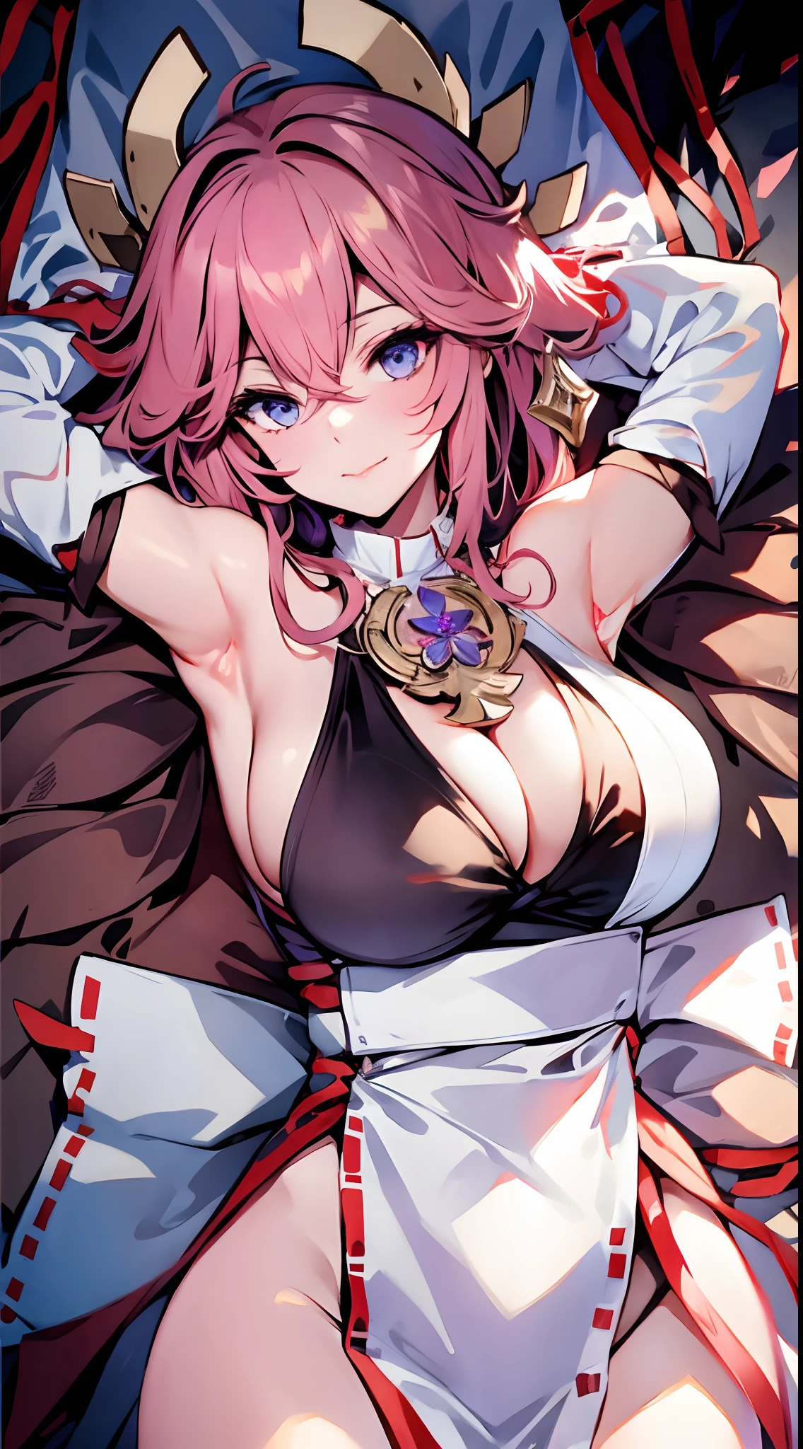 Realistic eyes, detailed shadow, view the viewer, Dog ears, Large breasts,cleavage,Lying in bed,white bed sheet
