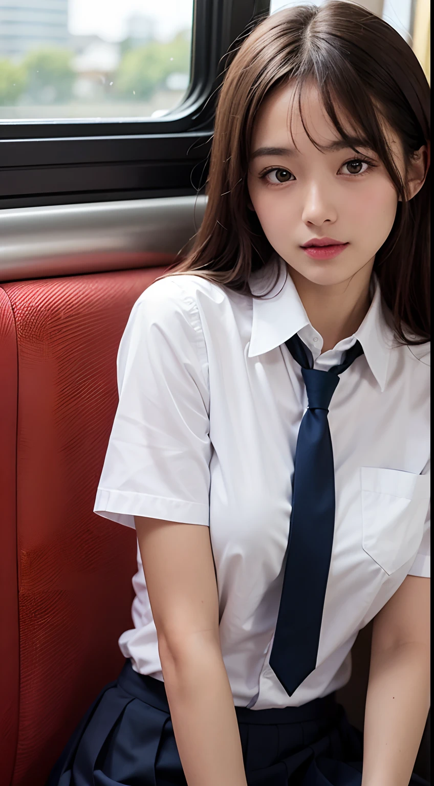 (table top, highest quality:1.2), 8k, 18-year-old, 85mm, official art, RAW photo, absurd, white dress shirt, cute face, close, Upper body, violaces, gardenia, beautiful girl, school uniform, (navy pleated skirt:1.1), Cinch West, thighs thighs thighs, short sleeve, on the train, sit on a bench seat, looking at the viewer, no makeup, (smile:0.4), film grain, chromatic aberration, sharp focus, face light, clear lighting, teen, detailed face, background bokeh, (dark red tie:1.1)、big breasts