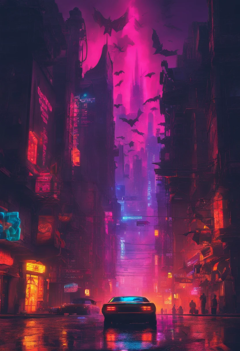 (best quality,highres,masterpiece:1.2),ultra-detailed,gothic architecture,night cityscape,gargoyle sculptures,dramatic lighting,menacing atmosphere,dystopian vibe,crumbling buildings,gloomy alleys,stormy weather,bat signal in the sky,intense shadows,Batmobile in the distance,grim and mysterious,delicate raindrops,foggy streets,bat wings,haunting silence,ominous presence,dark knight,cloaked in darkness,foreboding,moody tones,city in distress,majestic skyline,hero in the shadows,protecting the innocent,eternal night,ominous aura.